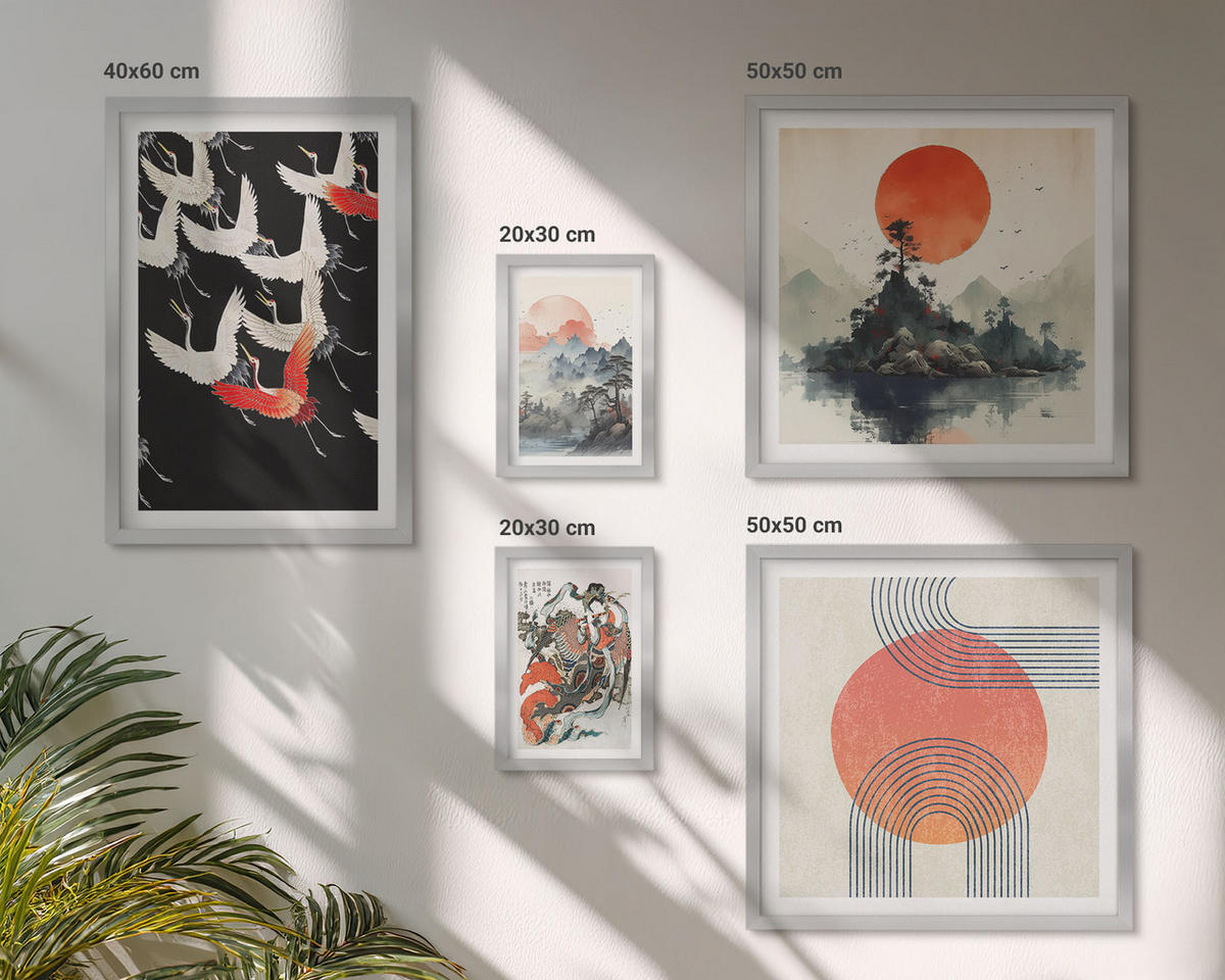 WANDBILDER 5er Set - 50x50 cm & 20x30 cm & 40x60 cm Silberner Rahmen - Asiatische Landschaften Japandi - Silberfarben, Kunststoff (40/60cm) - ArtPrintCave