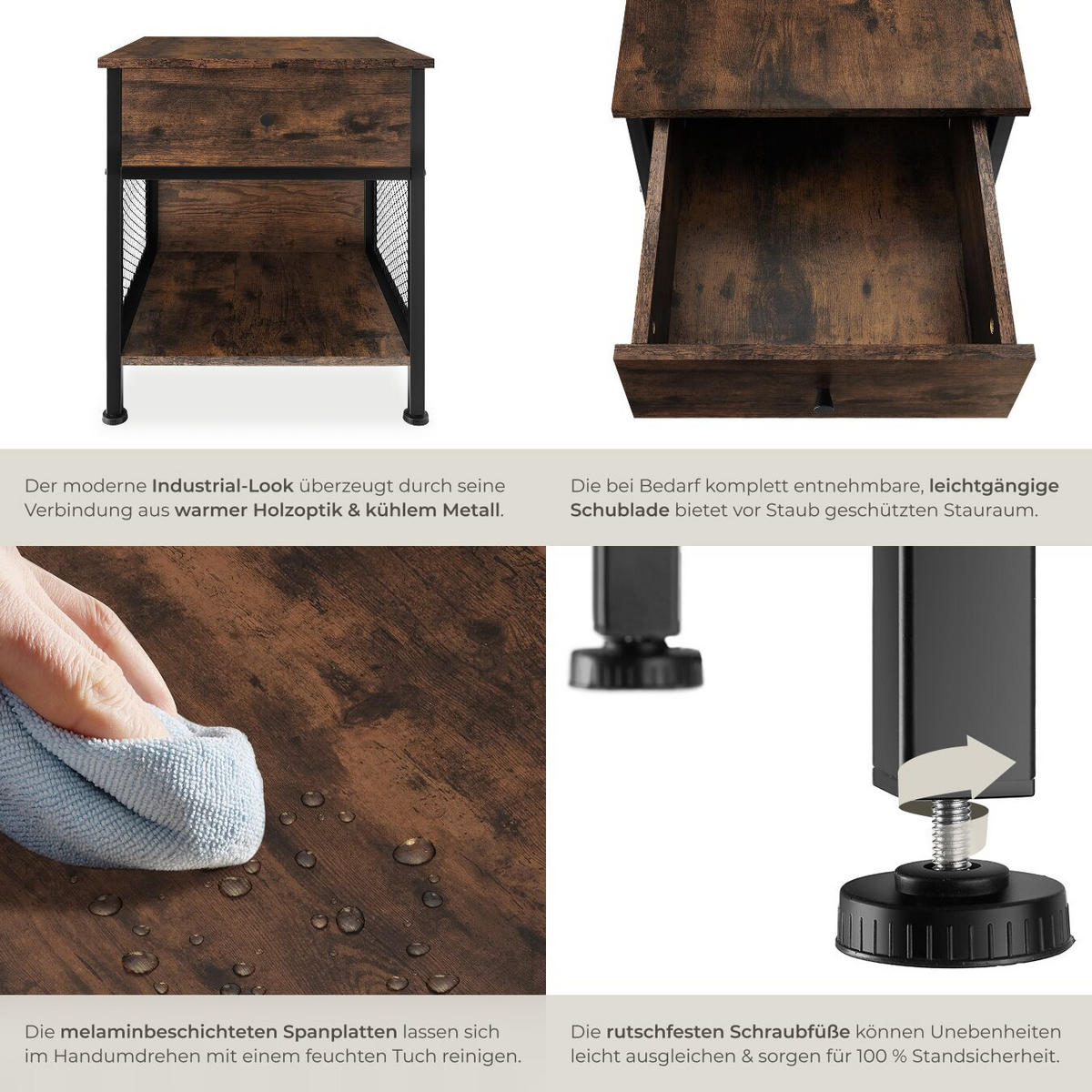 NACHTSCHRANK Killarney, 45 x 46 x 55,5 cm, Industrial Holz dunkel, rustikal - Rostfarben, Holzwerkstoff (45/55.5/46cm) - tectake