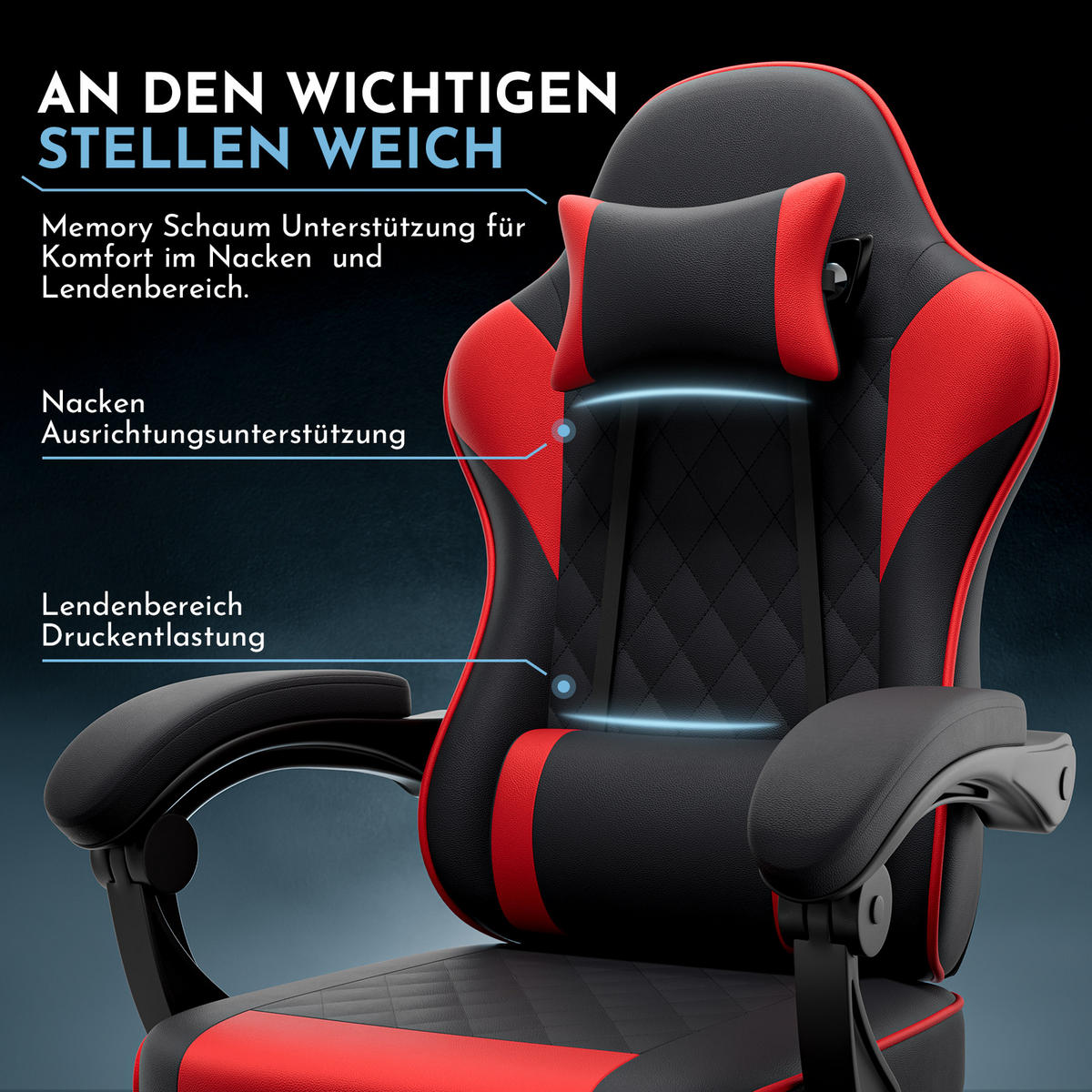 GAMINGSTUHL DE-40998 mit Lordosenstütze und Fußstütze Schwarz/Rot - Rot, Metall (58.5/120.5/63cm) - ComfortXL