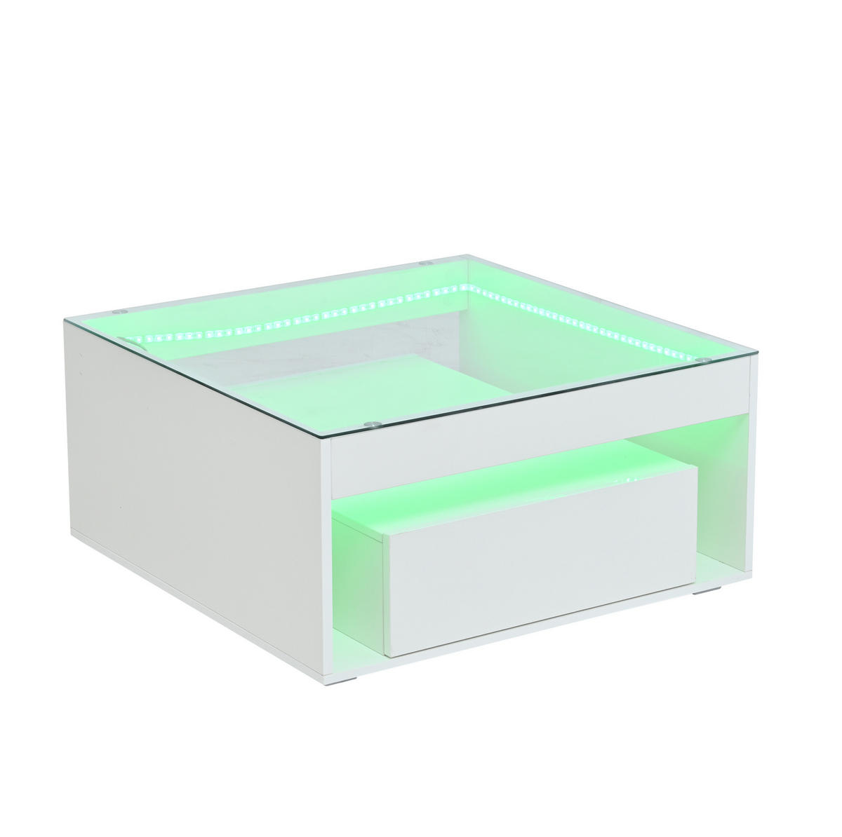 COUCHTISCH 70/70/35 cm mit LED-Beleuchtung, 2 Schubladen und Glasplatte, Weiß - Weiß, Holzwerkstoff (70/70/35cm) - Redom