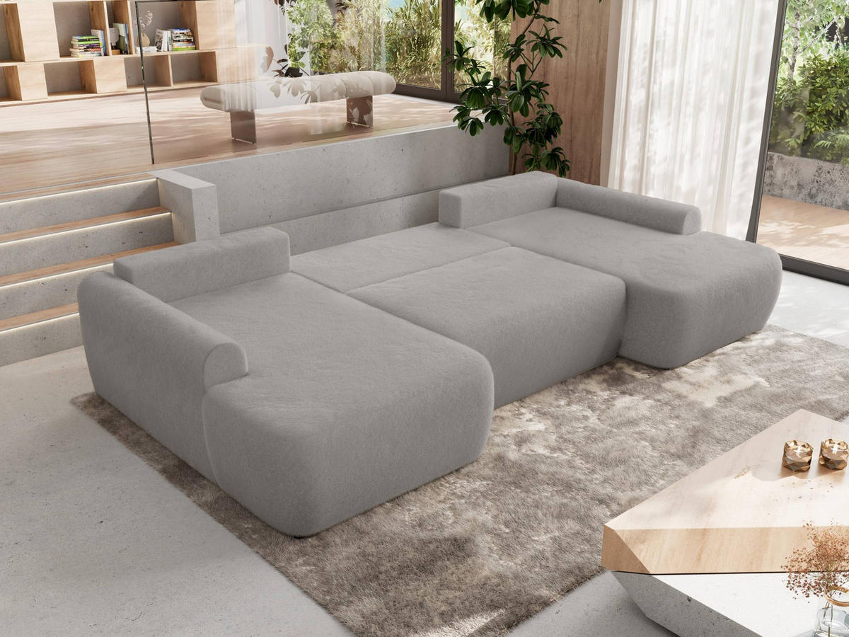 WOHNLANDSCHAFT CUBO U Hellgrau Plüsch - Hellgrau/Schwarz, Kunststoff/Textil (370/100/187cm) - MKS