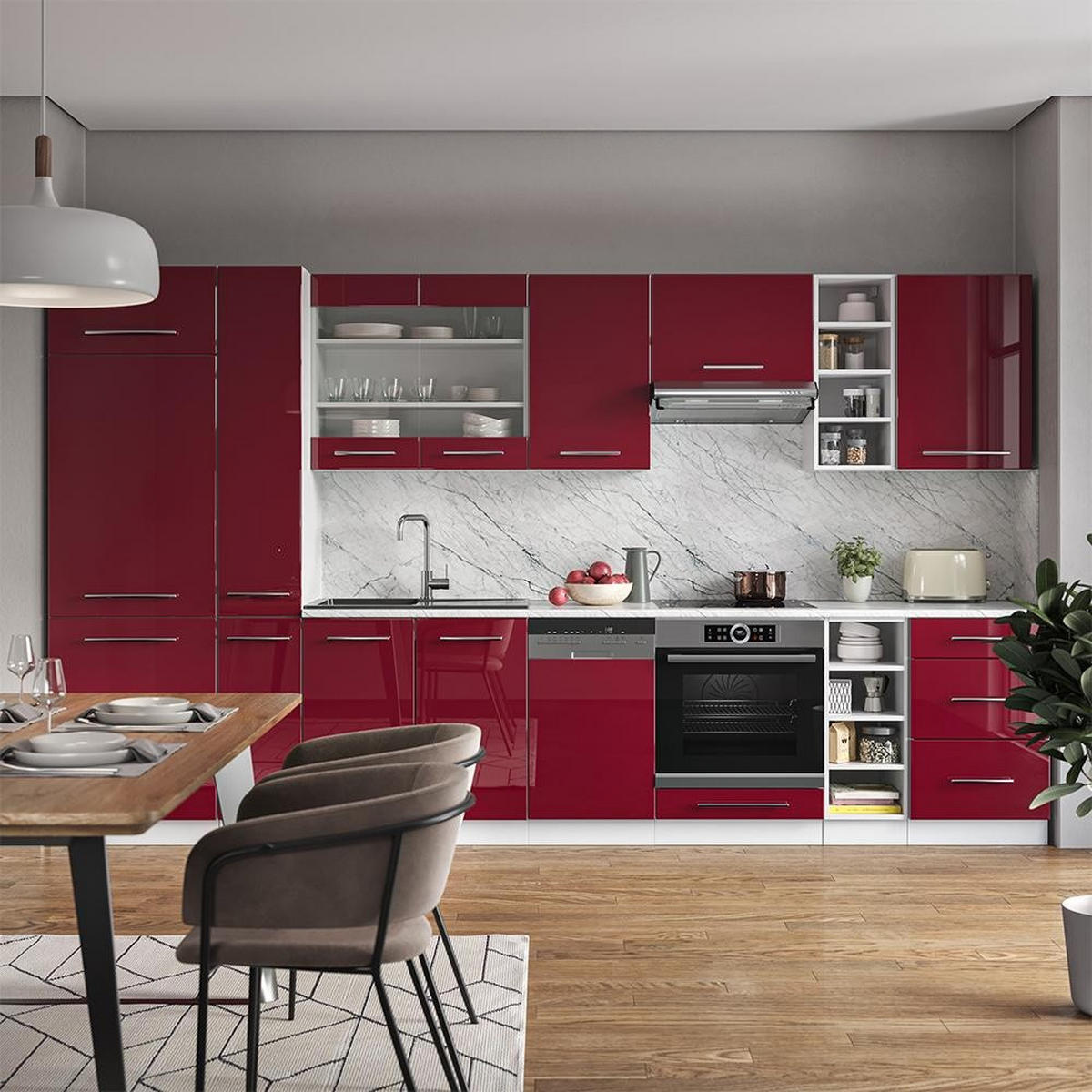 KUCHYNSKÝ KÚT Fame-Line Bordeaux vysoký lesk/biela 355 cm , AP Oak - biela/bordová, kompozitné drevo (355/206.8/60cm) - Vicco