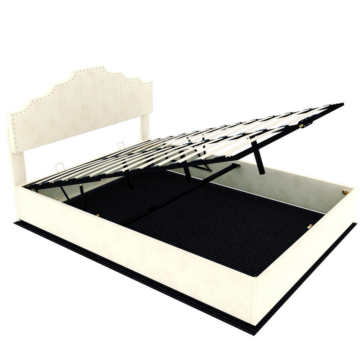 POLSTERBETT 160/200 cm mit Matratze, hydraulischem Bettkasten und geometrischem Kopfteil, Beige - Beige, Textil (160/200cm) - Redom