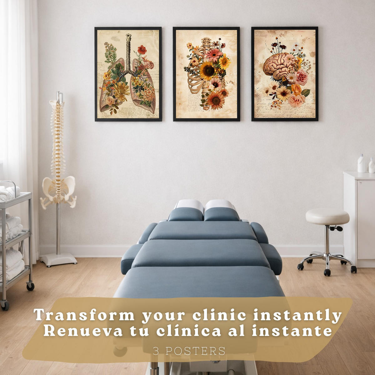 POSTER Set aus 3 Anatomie Mensch Florale Drucke und Wandbilder mit Lungen Brustkorb und Gehirn Botanischer Antiker Stil Größe Schwarzer Rahmen A3 - Schwarz, Papier (29.7/42/3cm) - Nacnic