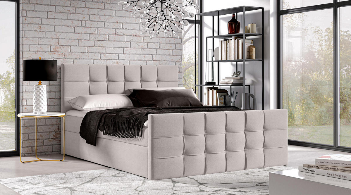 BOXBETT Ambusio 180/200 cm in Beige – mit Bettkasten und Topper - Beige/Schwarz, Holz/Holzwerkstoff (180/200cm) - AX Living