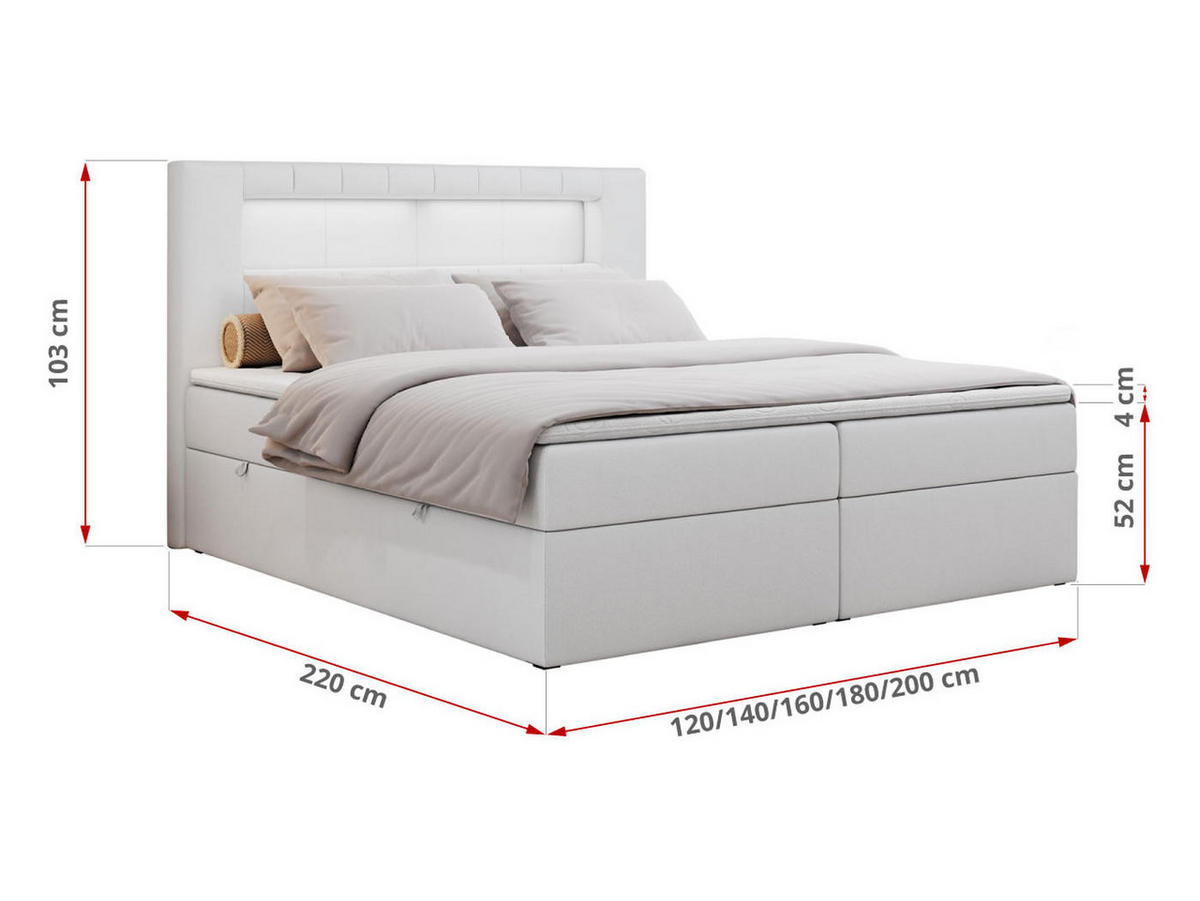 BOXBETT GOLD-5 LED 160/200 Weiß Kunstleder - H3 - Weiß, Holz/Textil (160/200cm) - MKS
