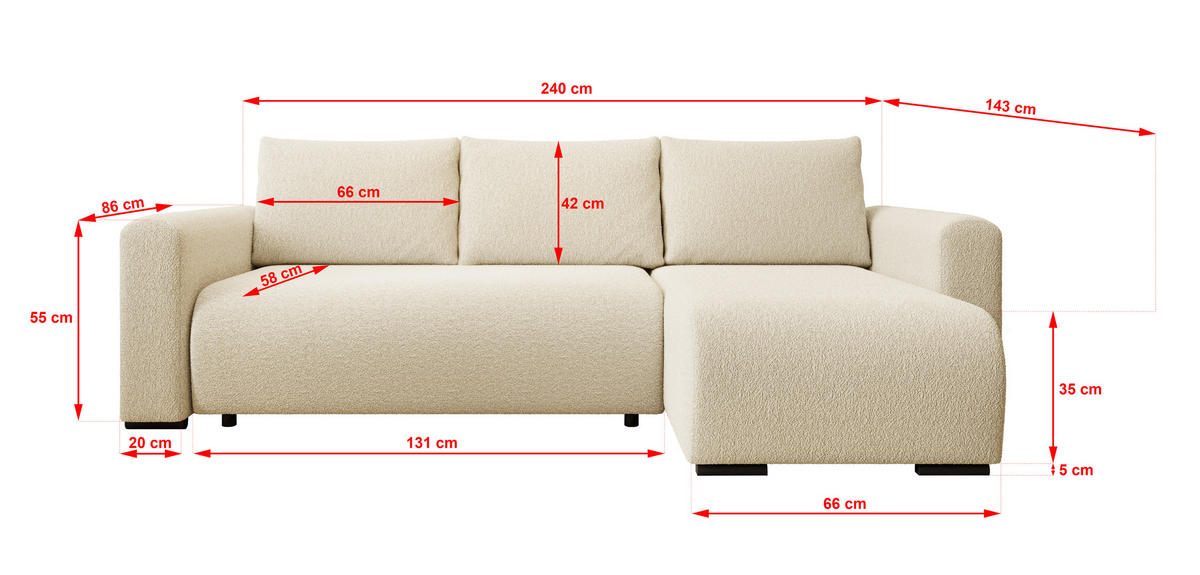 ECKSOFA DORA L, Eckcouch in L-Form mit Schlaffunktion und Bettkasten, Farbe: Beige, Bouclé-Stoff, Ottomane Rechts - Beige, Textil (240/143cm) - Storez24