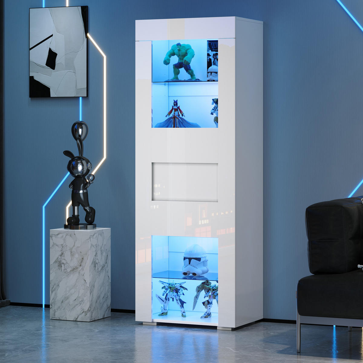 VITRINE mit LED 60 x 40 x 170 cm Hochglanz Weiß - Weiß, Glas (40/170/60cm) - Beauniv