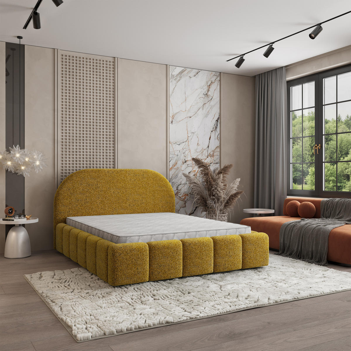 POLSTERBETT FLUSSO 140x200 cm mit Bettkästen - Gelb - Gelb, Holz (140/200cm) - MASSENO