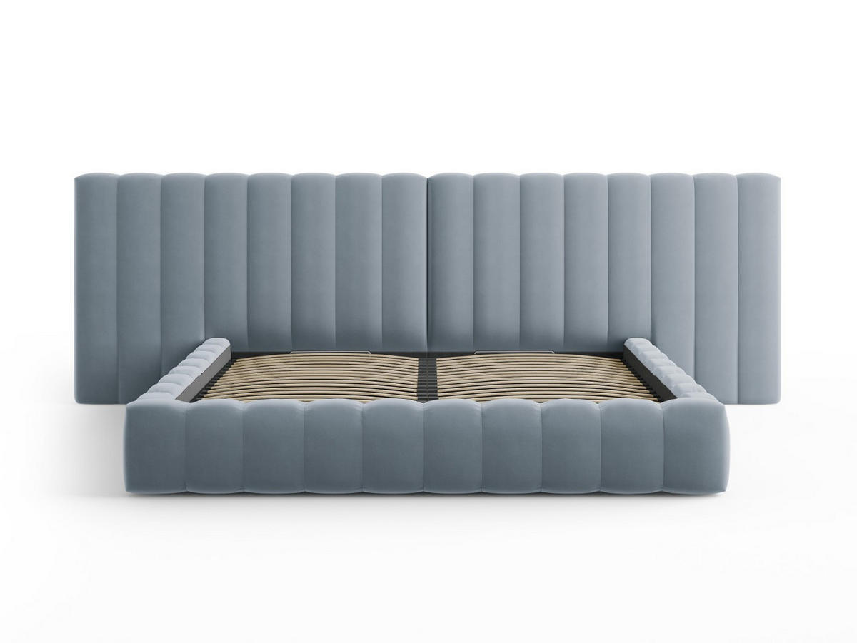 BETT mit Bettkasten und Doppelkopfteil Kelp aus Samt hellblau 200x200cm - Hellblau, Textil (200/200cm) - Micadoni