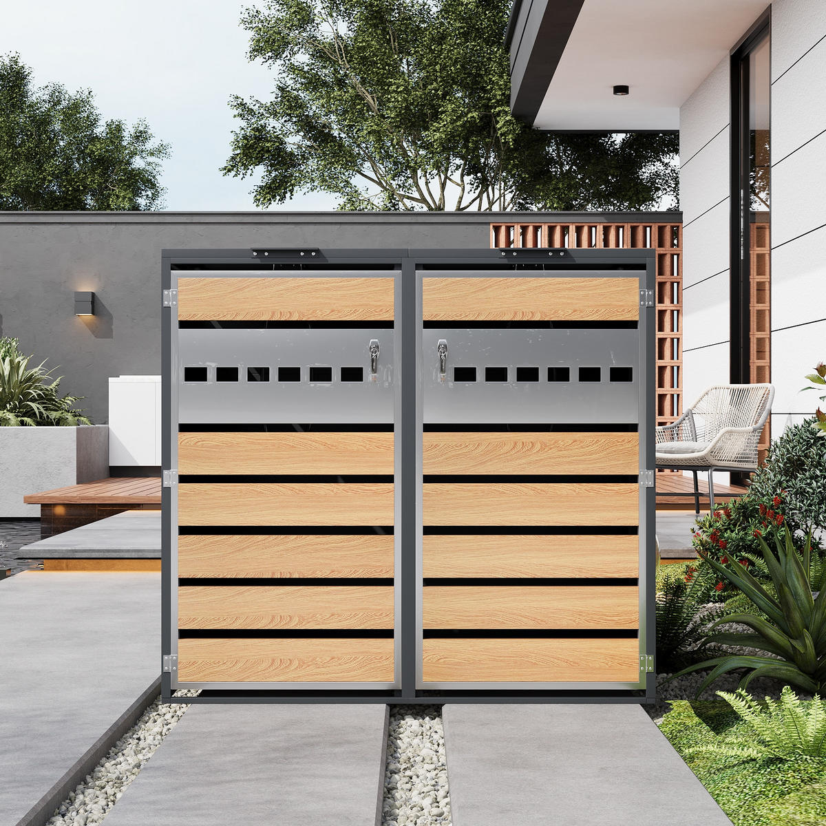 MÜLLTONNENBOX Klappdeckel 2 Türen - Grau, Metall (132/118.5/80cm) - LEBENLANG