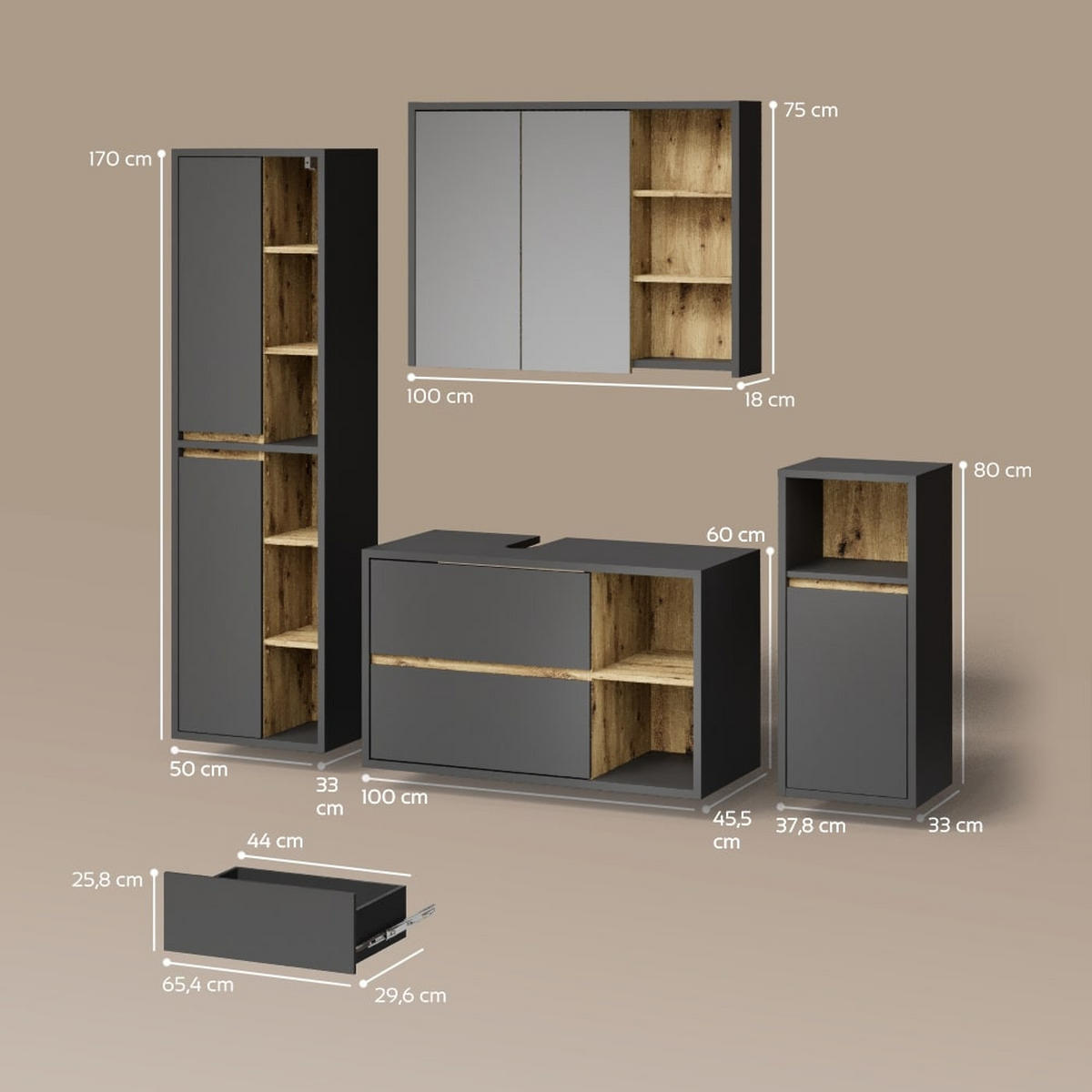 BADMÖBEL-SET Vomano Anthrazit 4 Teile - Eichefarben/Anthrazit, Holzwerkstoff (100/60/45cm) - Livinity®
