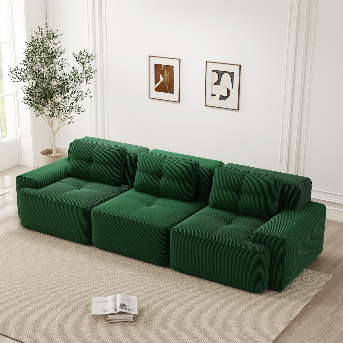 SOFA modular 3-Sitzer mit 74 cm Tiefsitz Cord Grün - Grün, Kunststoff (104/69/293cm) - Meubliv