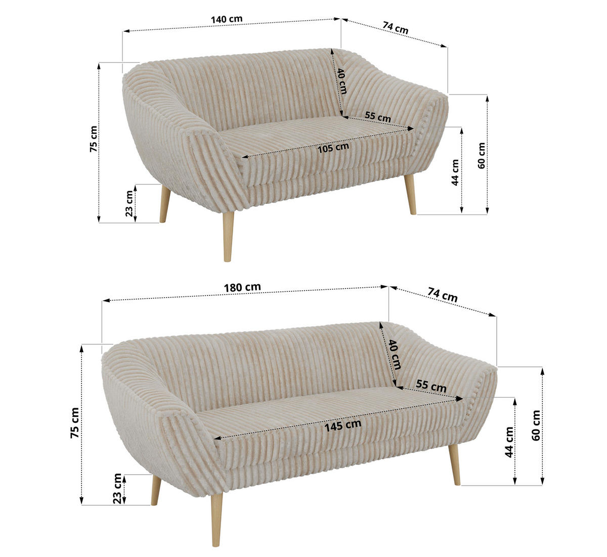 SEDACÍ SOUPRAVA 3+2 PIRS - Béžová Manšestr - Dřevěné nohy - krémová/barva buku, kompozitní dřevo/textil (180/75/74cm) - MKS