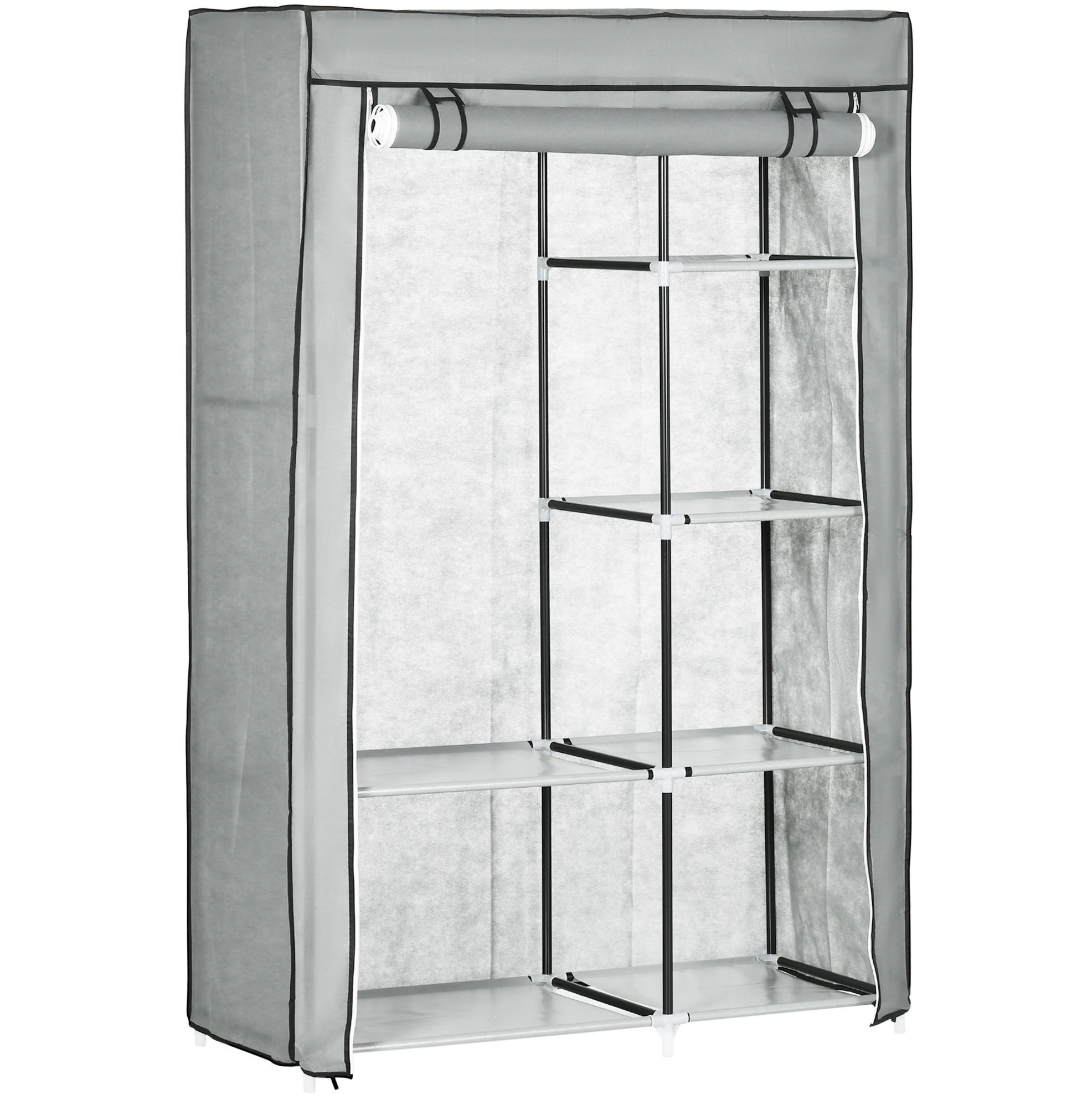 KLEIDERSCHRANK aus Stoff 103/43/162,5 cm in Grau mit 6 Fächern und Kleiderstange - Grau, Textil (103/162.5/43cm) - BEAOK
