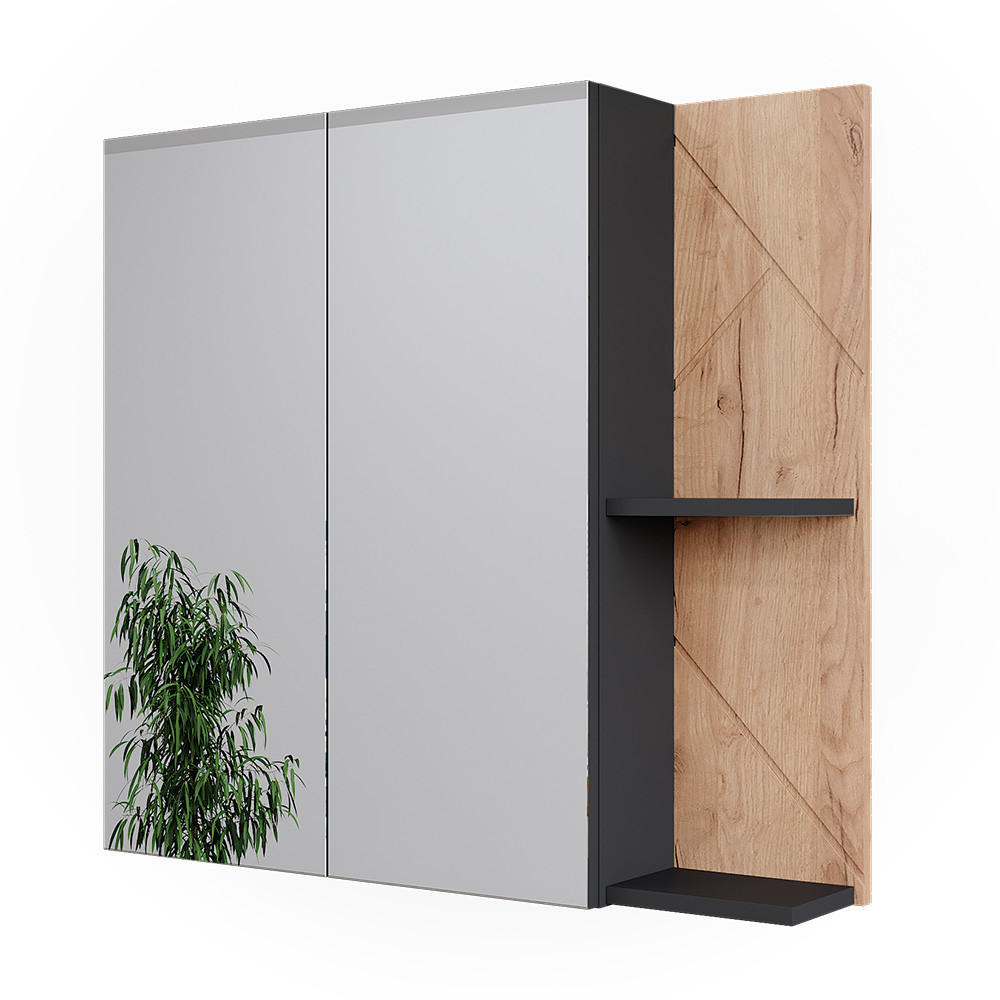 BADRUMSSPEGELSKÅP Irma Antracit/Goldkraft ek 80x75 cm Antracit, Honungsek 75/80/17.2 cm