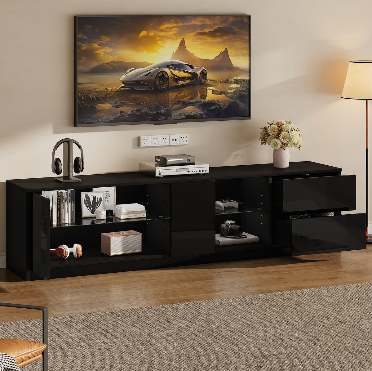 TV-LOWBOARD 160/40/52 cm mit 2 Schubladen, LED-Beleuchtung und Glasboden - Schwarz, Holzwerkstoff (160/52/40cm) - BEAOK