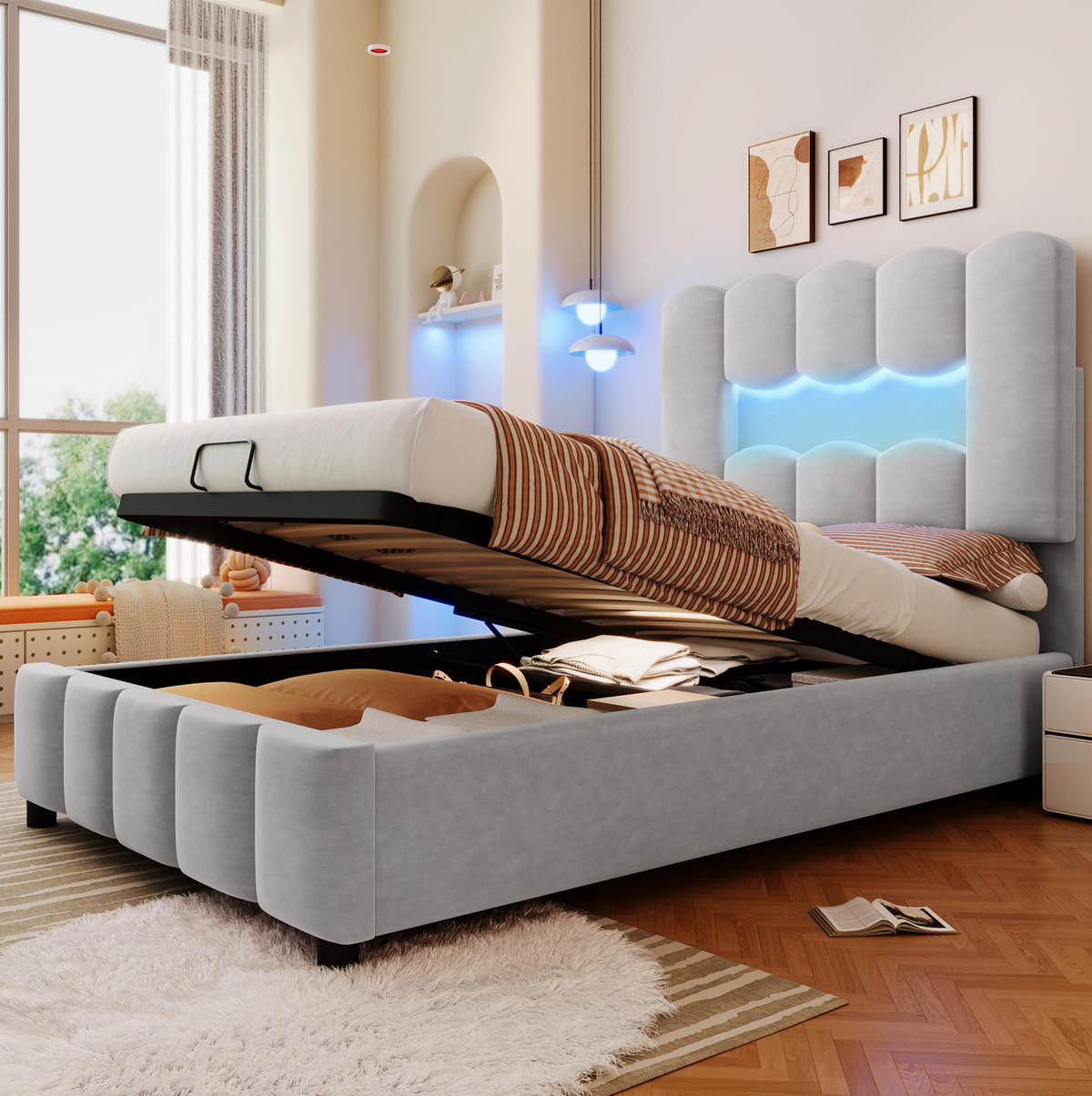 ČALOUNĚNÁ postel 90/200 cm šedá ze sametu s LED osvětlením a úložným prostorem - šedá, textil (90/200cm) - OKWISH