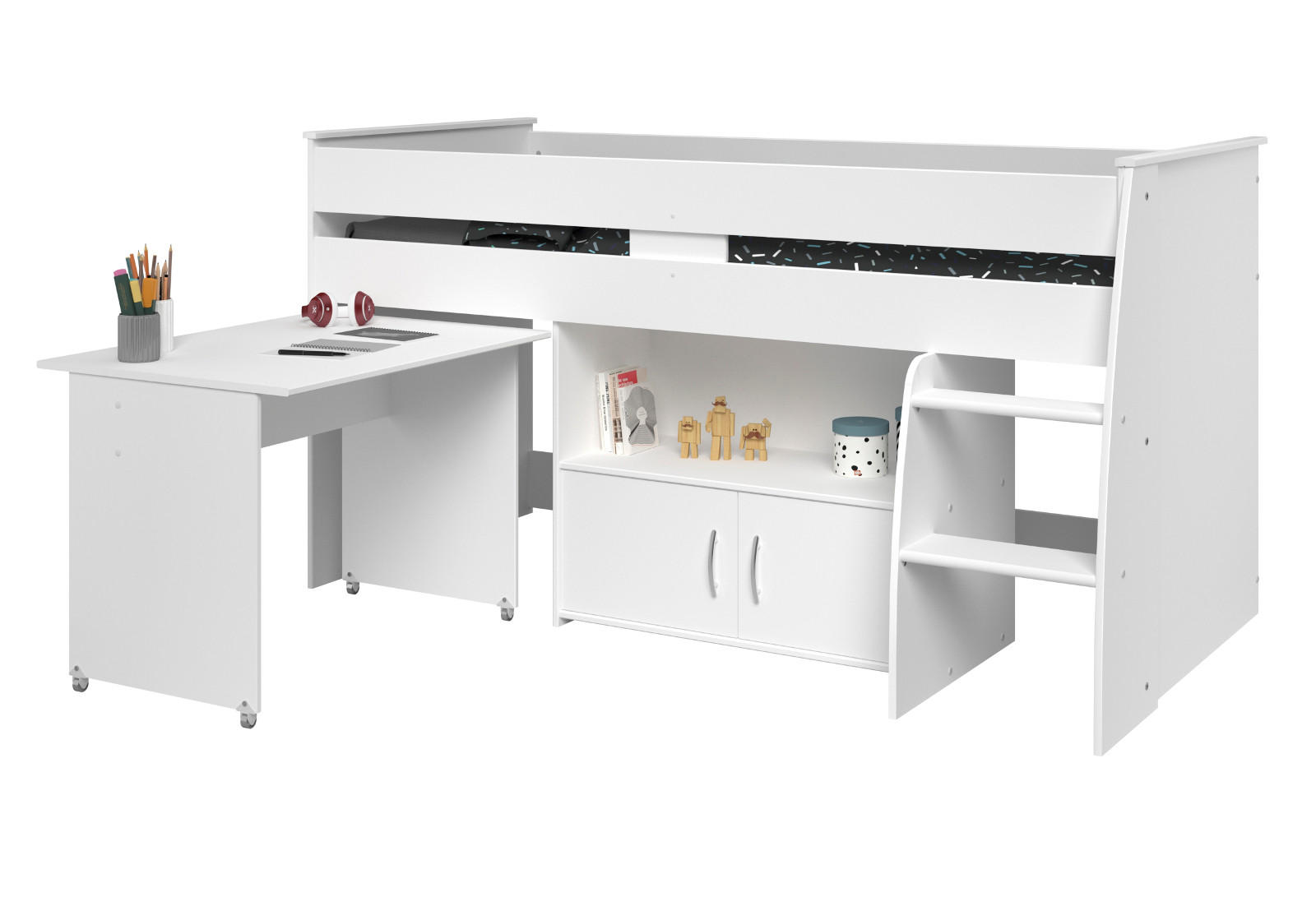 HOCHBETT Jugendzimmer Bett 90 x 200 mit Schreibtisch ausziehbar - Silberfarben/Weiß, Holz/Holzwerkstoff (90/200cm) - Parisot Meuble