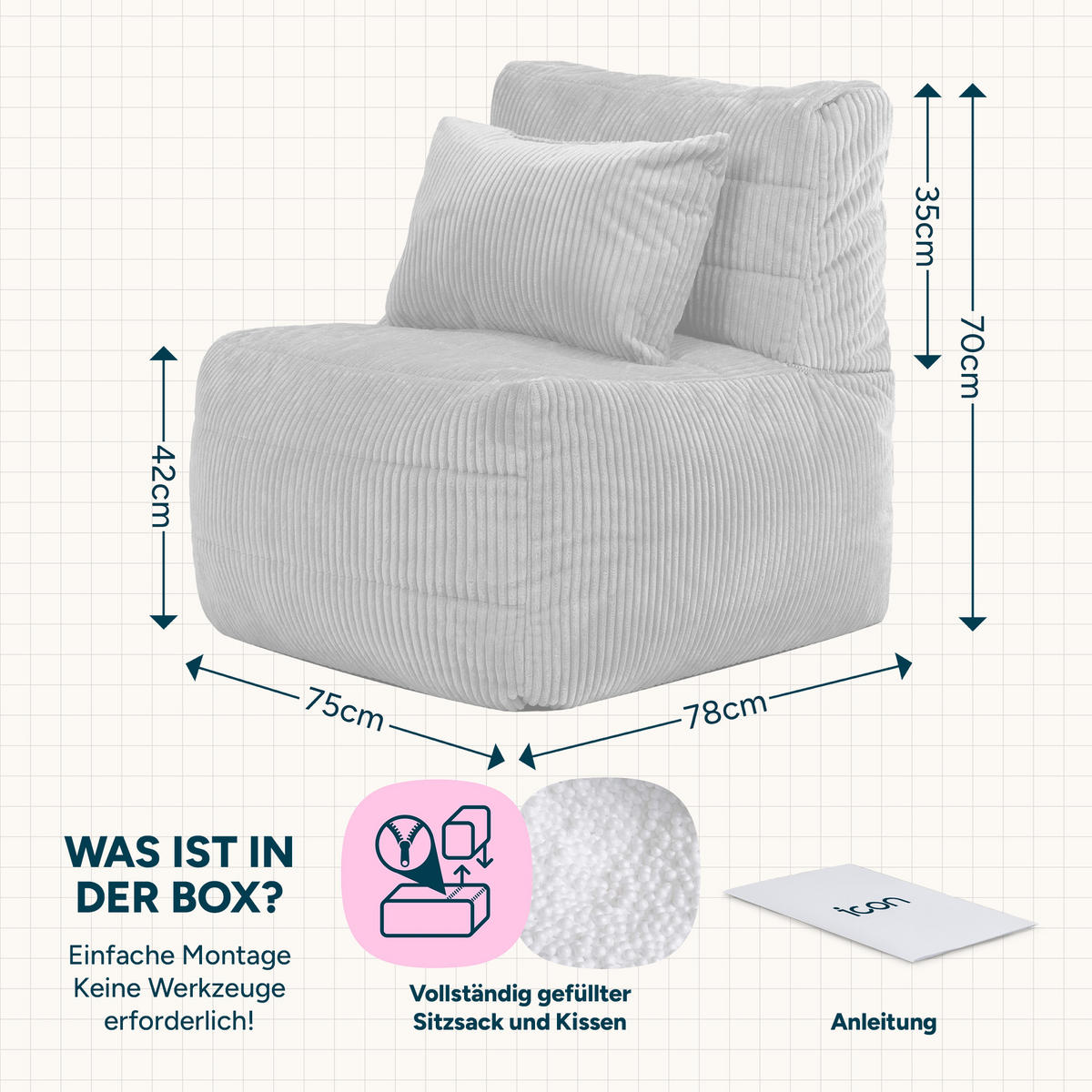 SITZSACK-SESSEL Noa modular Cord - Salbeigrün, Textil (75/70/78cm) - icon