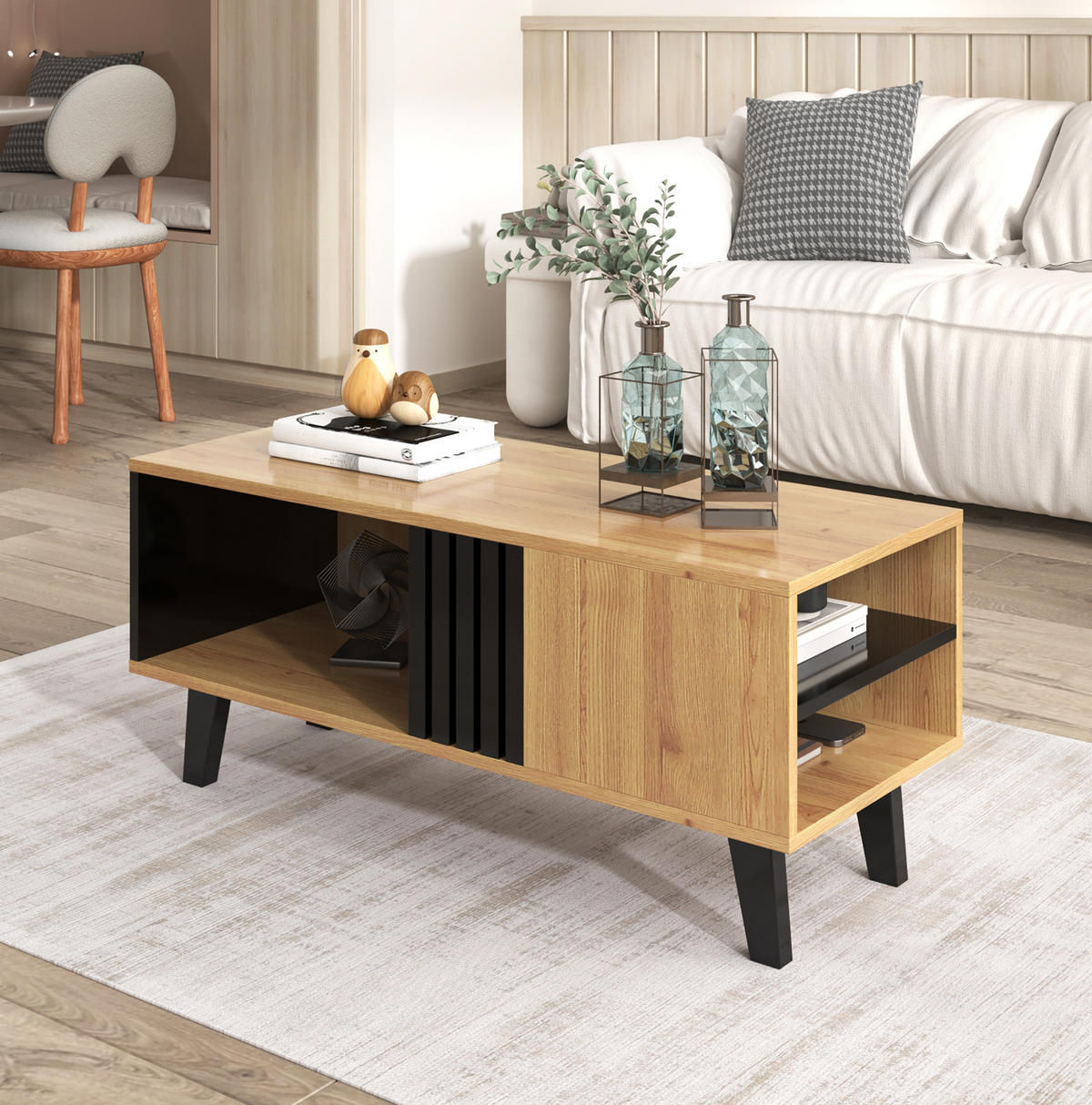 COUCHTISCH 100/60 cm mit Stauraum in Natur/Schwarz - Naturfarben, Holzwerkstoff (100/60/45cm) - BEAOK