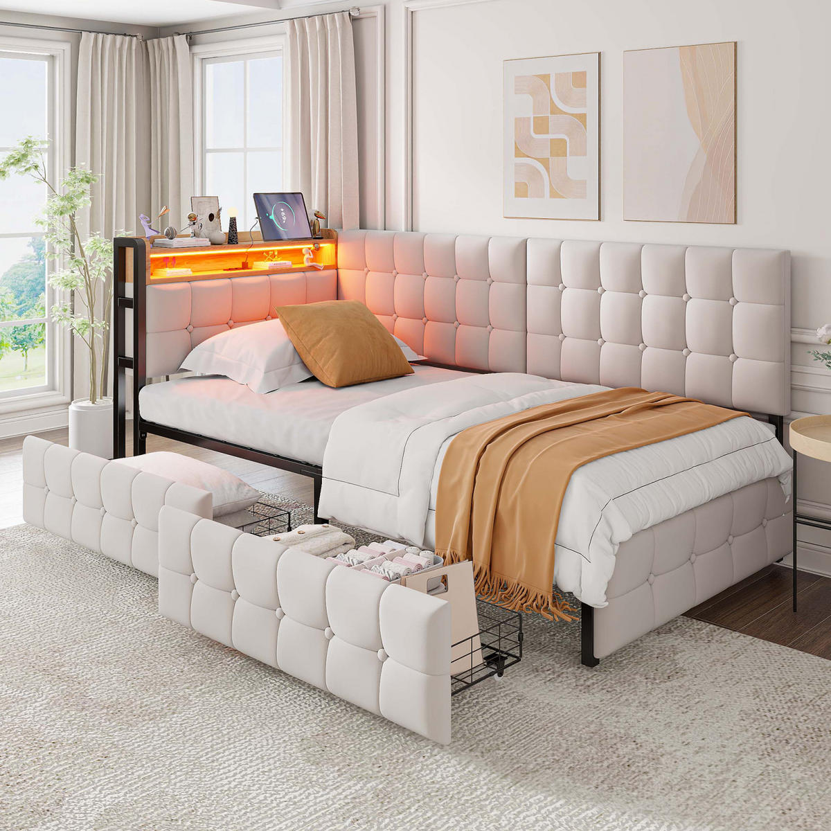 POLSTERBETT 90x200 cm mit LED, USB-C, Schubladen, Beige - Beige, Holz (90/200cm)