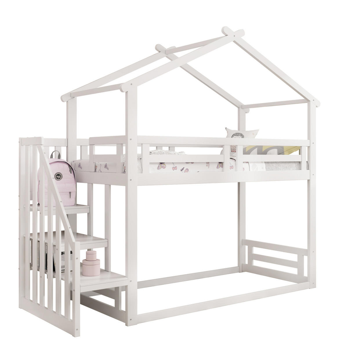 ETAGENBETT 90/200 cm weiß mit Sicherheitsleiter aus massivem Kiefernholz - Weiß, Holz (90/200cm) - OKWISH