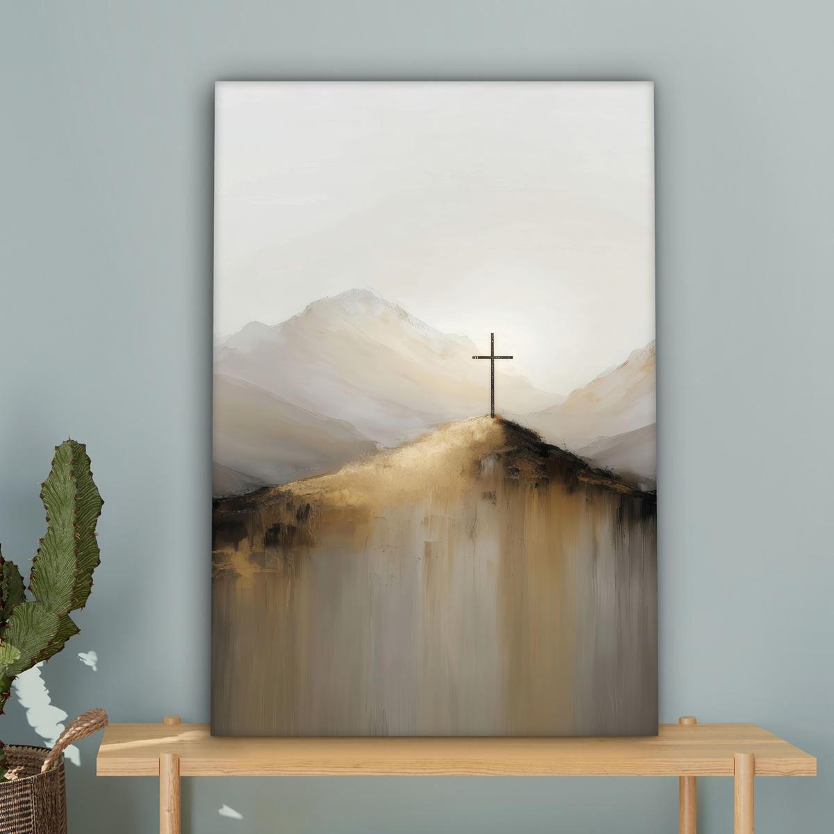 LEINWANDBILD Hügel - Abstrakt - Kreuz - Christentum Wanddeko Schlafzimmer 60x90 cm - Beige, Textil (60/90cm) - MuchoWow