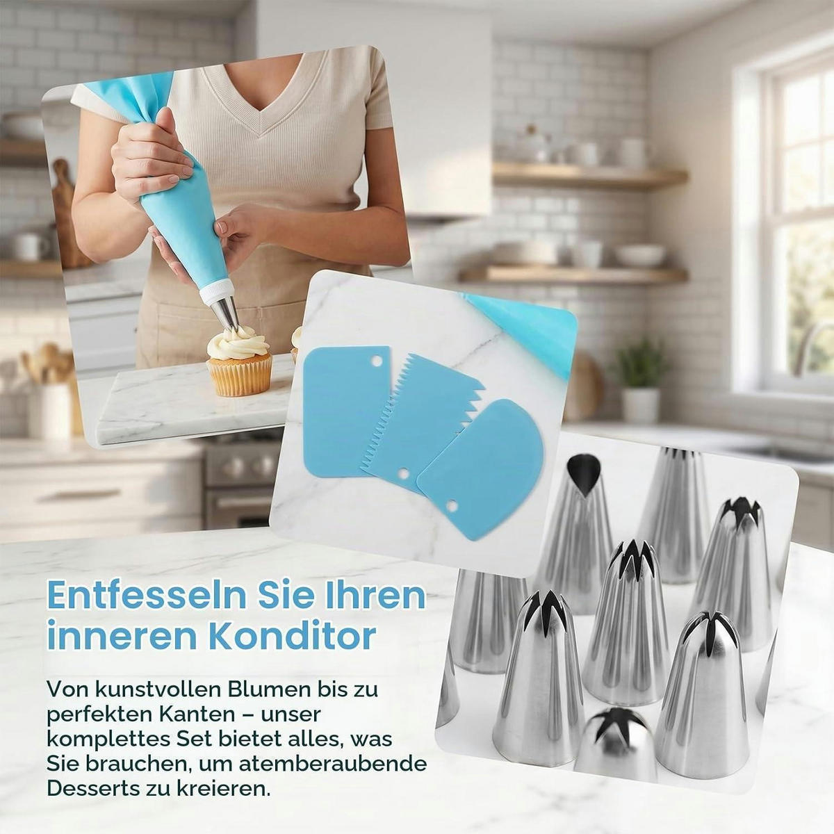 SPRITZBEUTEL Set 126-teilig mit Edelstahl-Tüllen und Schabern - Hellblau, Kunststoff (29.8/20.2/31cm)