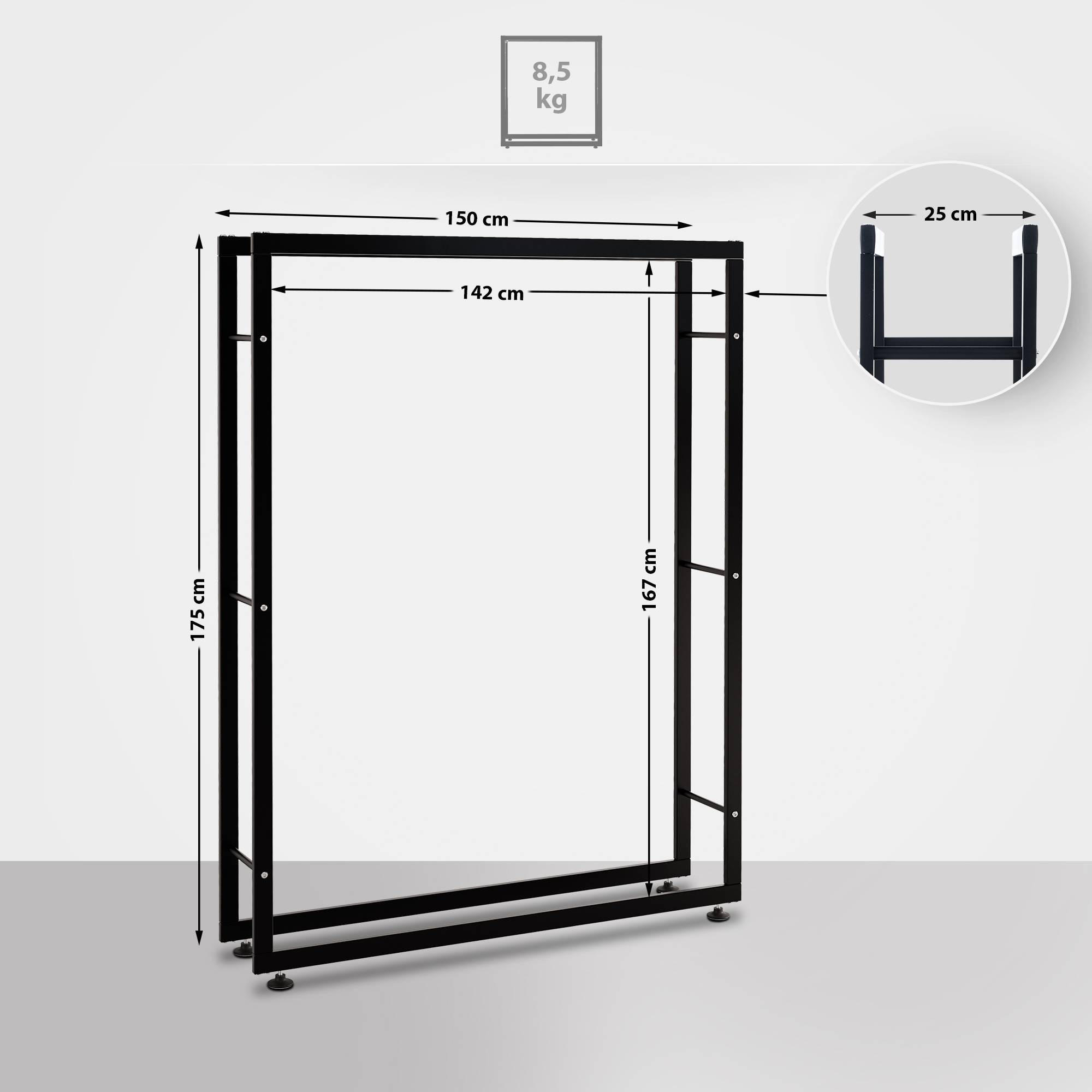 KAMINHOLZREGAL 150/25/175 cm Metall schwarz - Schwarz, Metall (150/175/25cm) - CLP