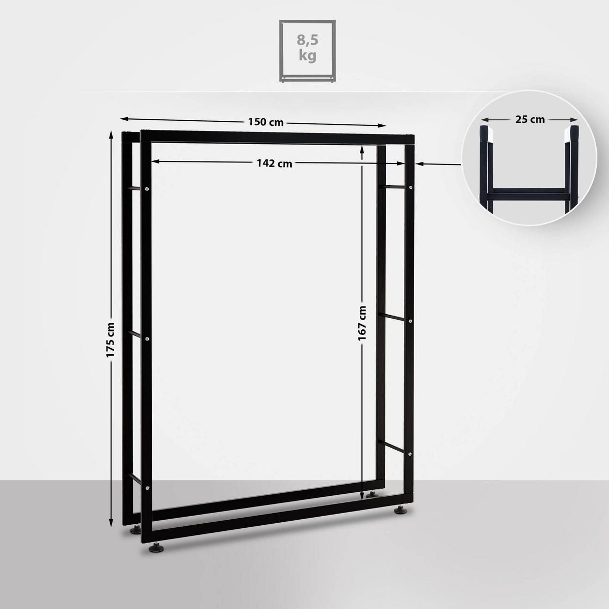 KAMINHOLZREGAL 150/25/175 cm Metall schwarz - Schwarz, Metall (150/175/25cm) - CLP
