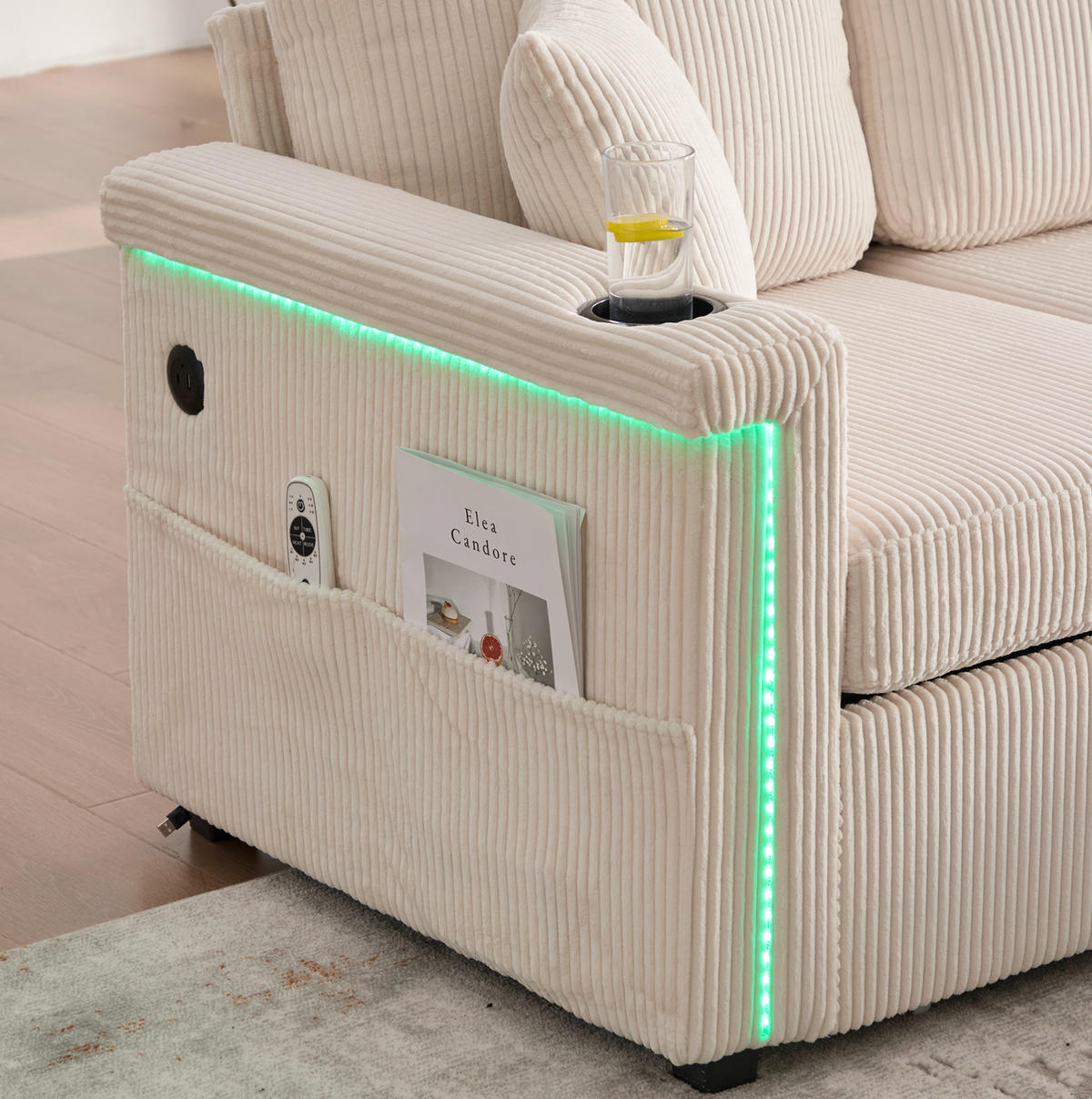 ECKSOFA aus Cord 194x73x81 cm Beige mit LED-Beleuchtung, USB-C-Anschluss, Seitentaschen und 2 Schubladen - Beige, Textil (194/73cm) - Modfu
