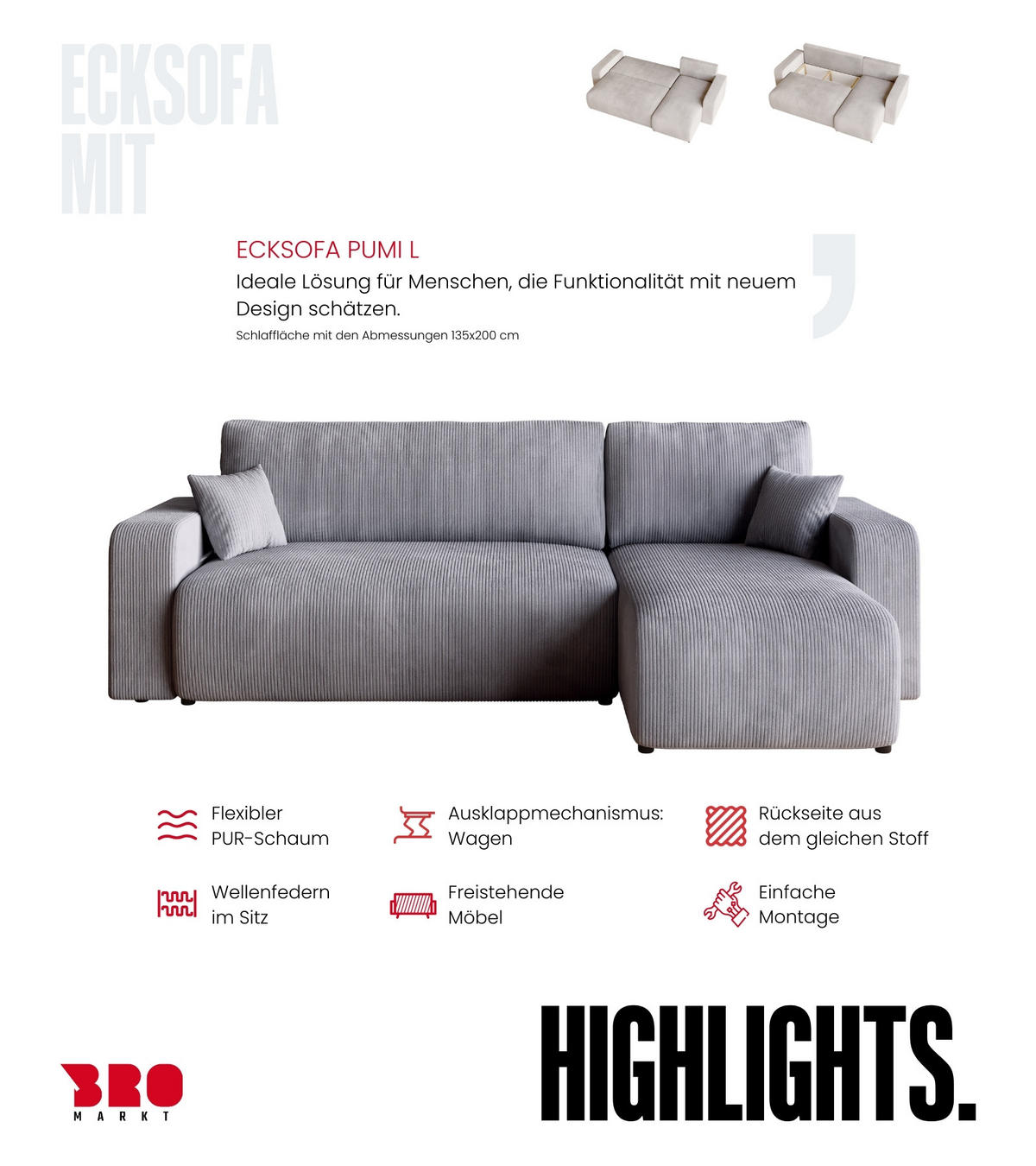 ECKSOFA PUMI mit Schlaffunktion Hellgrau Cord - Hellgrau, Textil (244/148cm) - Bromarkt