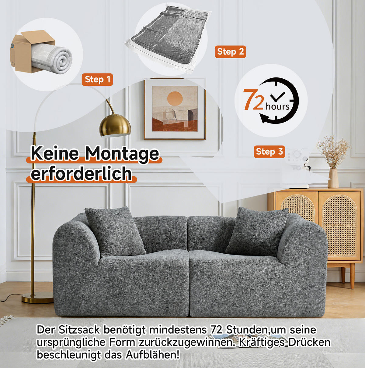 2-SITZER 193/87/67 cm grau aus Samt platzsparend mit 2 Kissen - Grau, Textil (87/67/193cm) - OKWISH