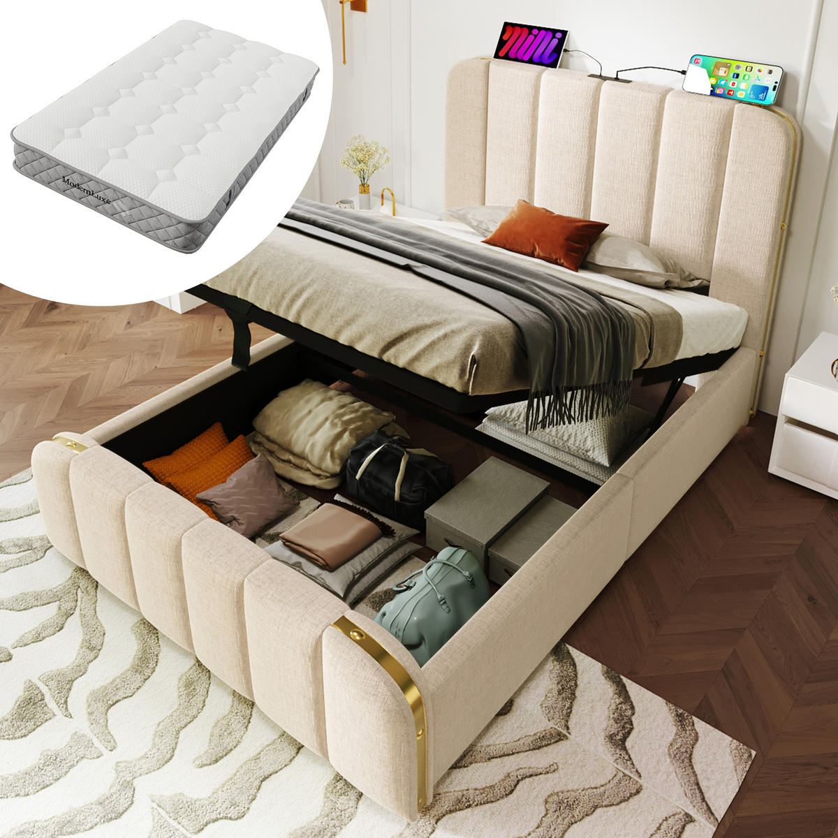 STAURAUMBETT 90/200 cm DE-01119, in Beige,Hydraulik und Matratze - Beige, Metall (90/200cm) - ComfortXL