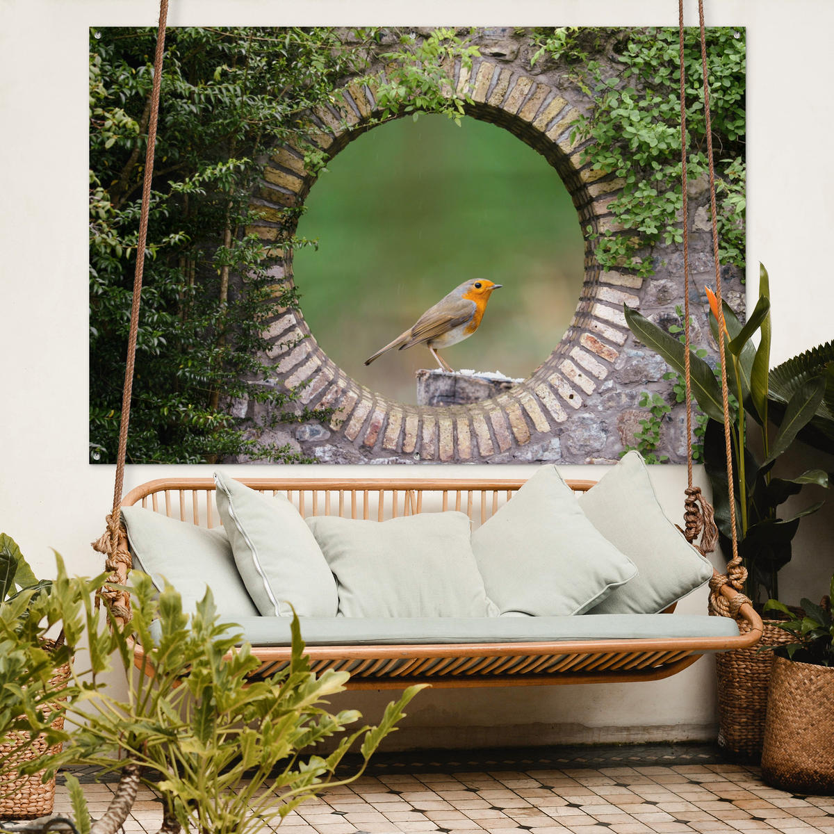 ZAHRADNÍ PLAKÁT Pták - průhled - Robin 180x120 cm - zelená barva, plast (180/120/0.2cm) - OnlyWow