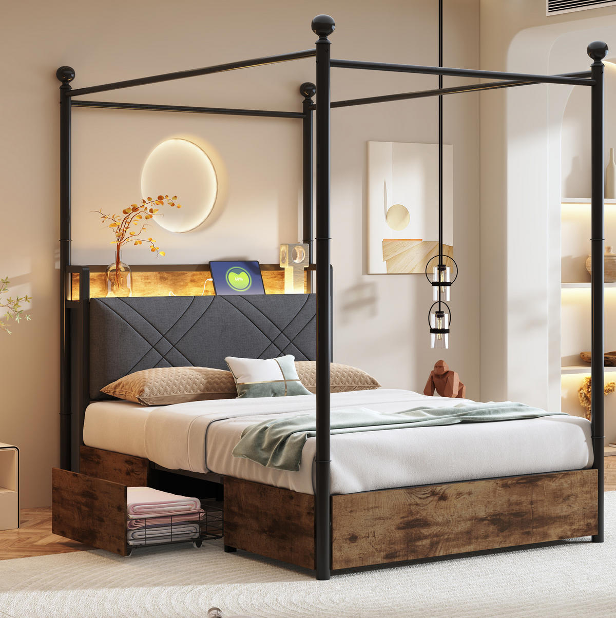 KOVOVÁ postel 90/190 cm s odnímatelným baldachýnem, LED osvětlením, USB a USB-C porty a úložným prostorem, Černá - černá, kov (90/190cm) - Redom