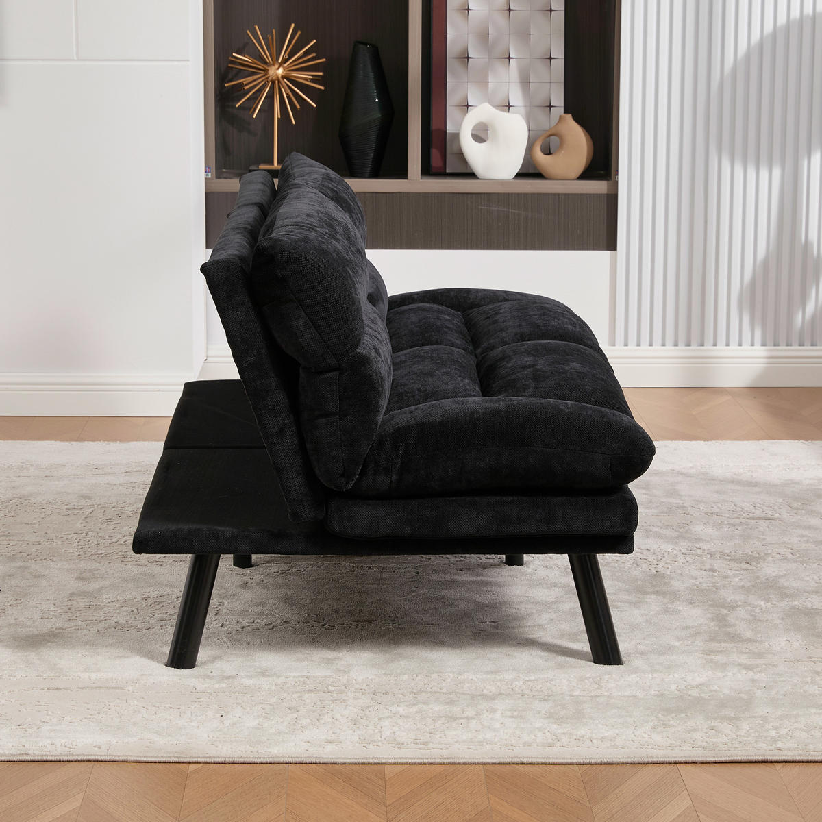 2-SITZER SOFA mit Verstellbare Rückenlehne und Armlehnen, Metallfüße, Schwarz - Schwarz, Textil (90/76/165cm) - KOMHTOM