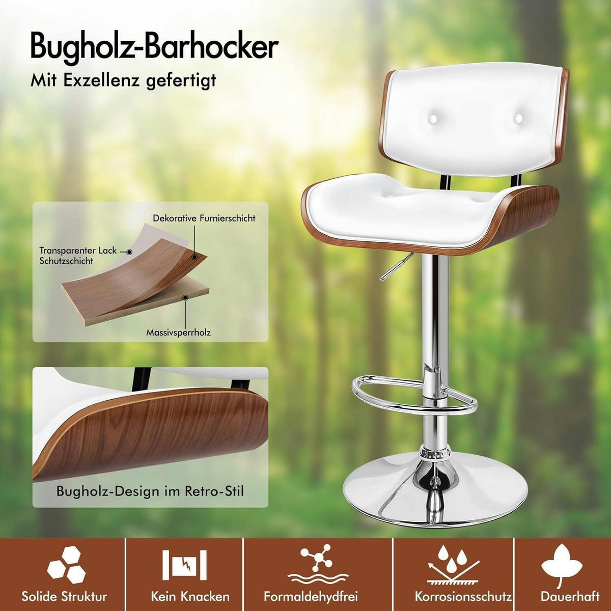BARHOCKER Odette PU-Leder Weiß mit 360°-Drehung und Höhenverstellung - Weiß, Kunststoff (45/115.5/45cm)