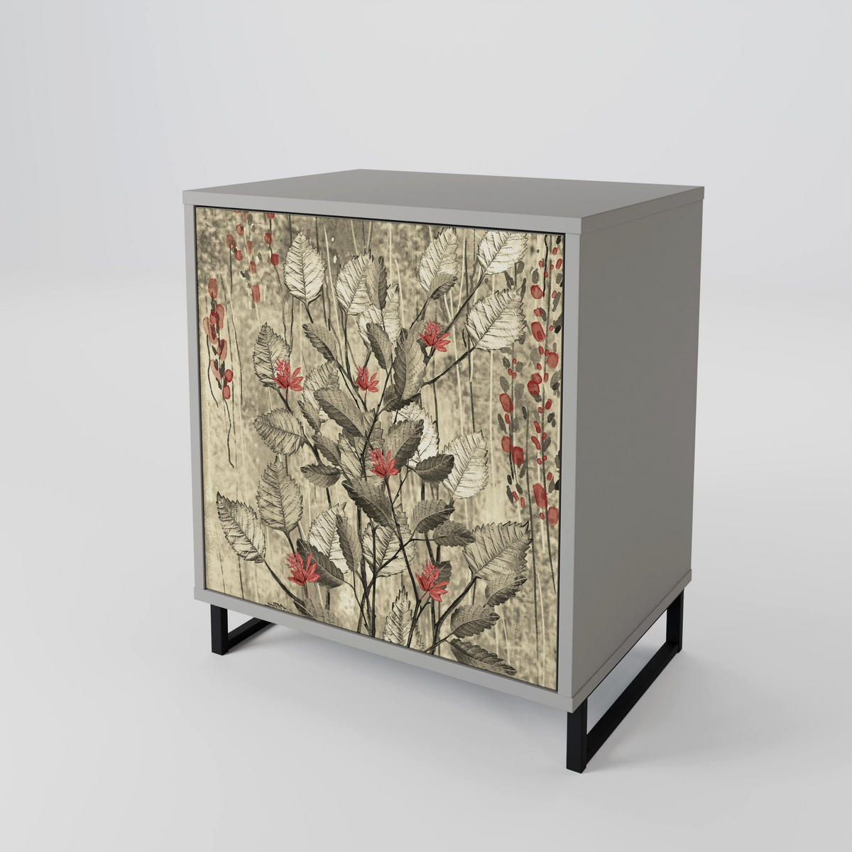 SIDEBOARD HERBAL GRACE, Grau, 57,5x42x70,5 cm, Schwarze Metall-Sternfüße - Multicolor/Schwarz, Holzwerkstoff/Metall (57.5/70.5/42cm) - SpaceRebels