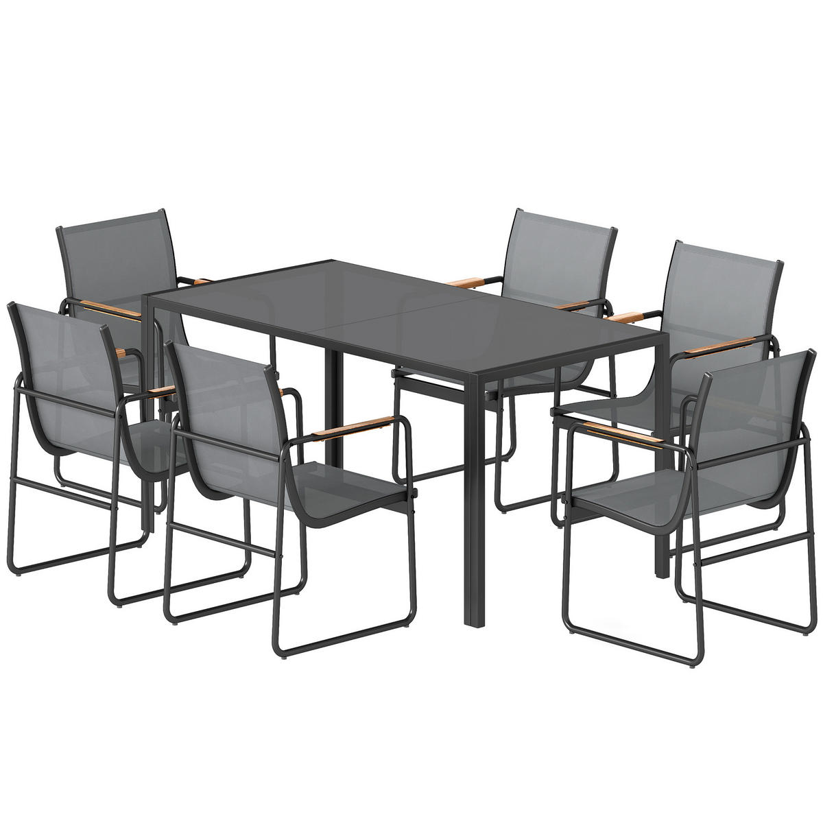GARTENTISCHGRUPPE DE-18126 7-teilig, mit Mesh-Bezug & Teak-Armlehnen Grau - Grau, Metall - ComfortXL