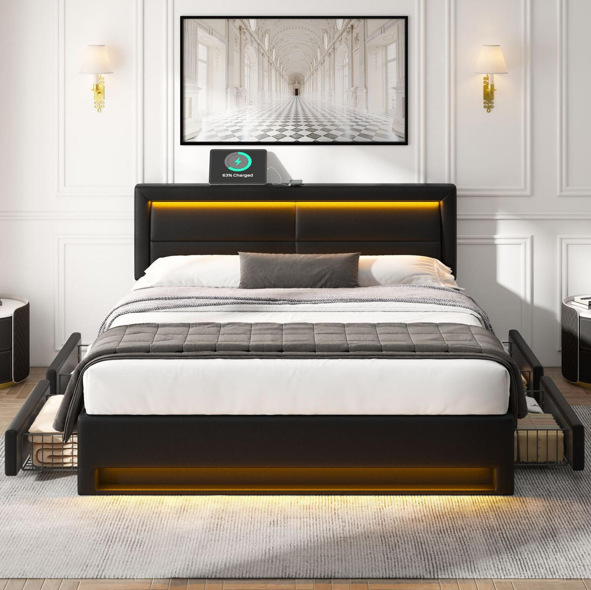 ČALÚNENÁ posteľ z PU 140x190 cm čierna s LED osvetlením, USB nabíjaním a úložnými zásuvkami - čierna, plast (140/190cm) - Modfu