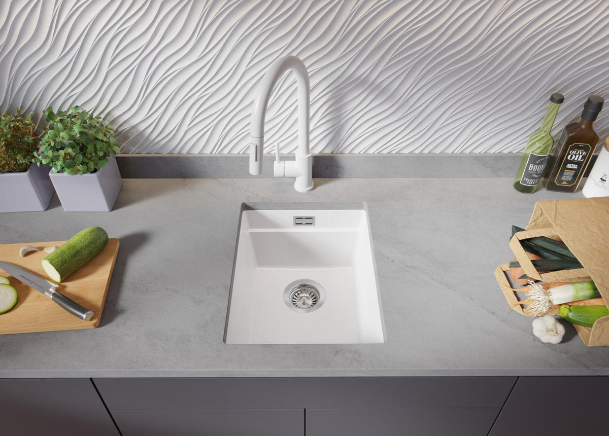 UNTERBAUSPÜLE GRANIT Praga, 2-er set Weiß 36/47 cm 1 Becken + Küchenarmatur 40/20 cm + Ablauf-Set + Aufrollbare Abtropffläche ab 40er Unterschrank - Chromfarben/Weiß, Kunststoff (36/20/47cm) - Primagran