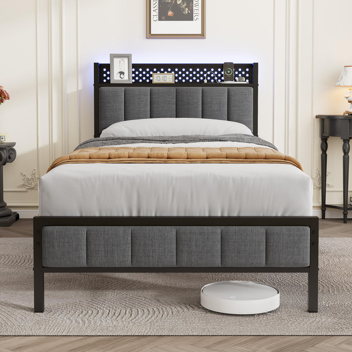METALLBETT 90/200 cm in Schwarz mit Stauraum und USB-Anschlüssen - Schwarz, Metall (90/200cm) - OKMYHOME