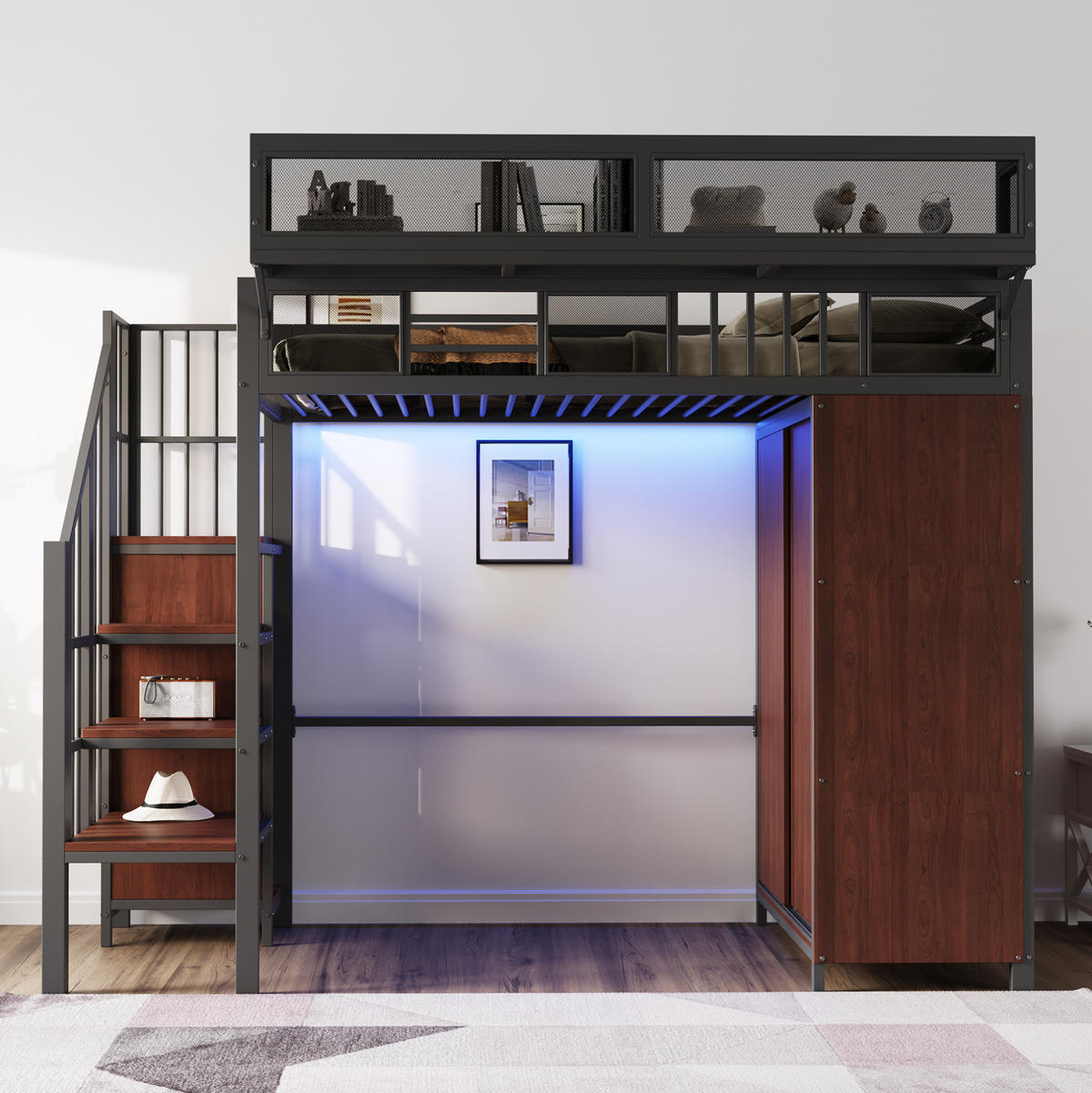 HOCHBETT 90/200 cm Schwarz mit Kleiderschrank, Stauraumleiter und LED-Beleuchtung - Schwarz, Metall (90/200cm) - Flora Grace