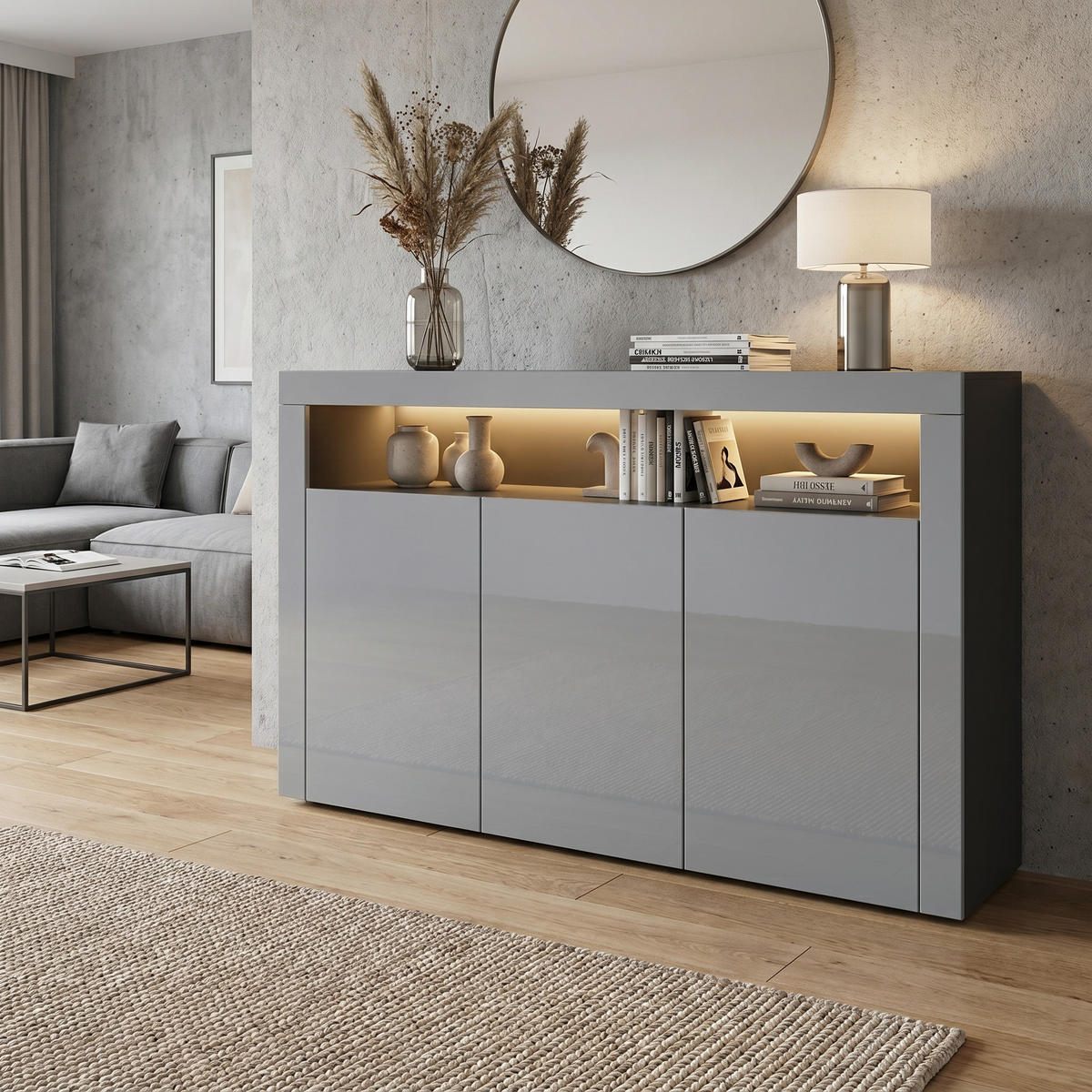 Vladon SIDEBOARD Valencia Grau Hochglanz / Grau Hochglanz jetzt nur online ➤