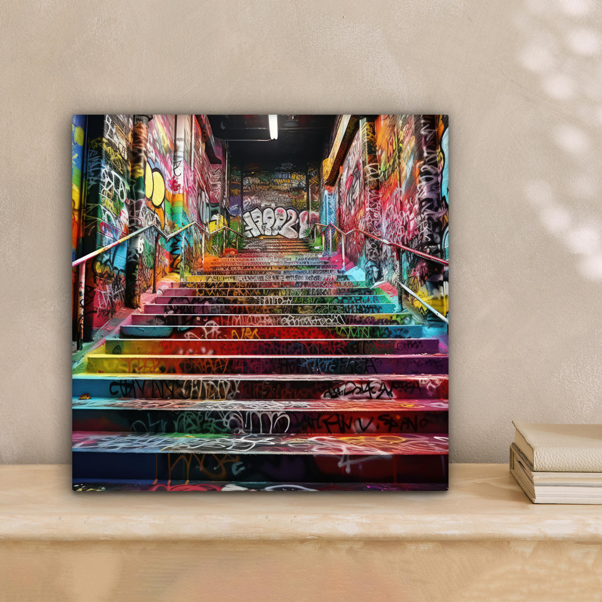 LEINWANDBILD Treppe - Graffiti - Farben - Kunst 20x20 cm - Multicolor, Textil (20/20cm) - MuchoWow