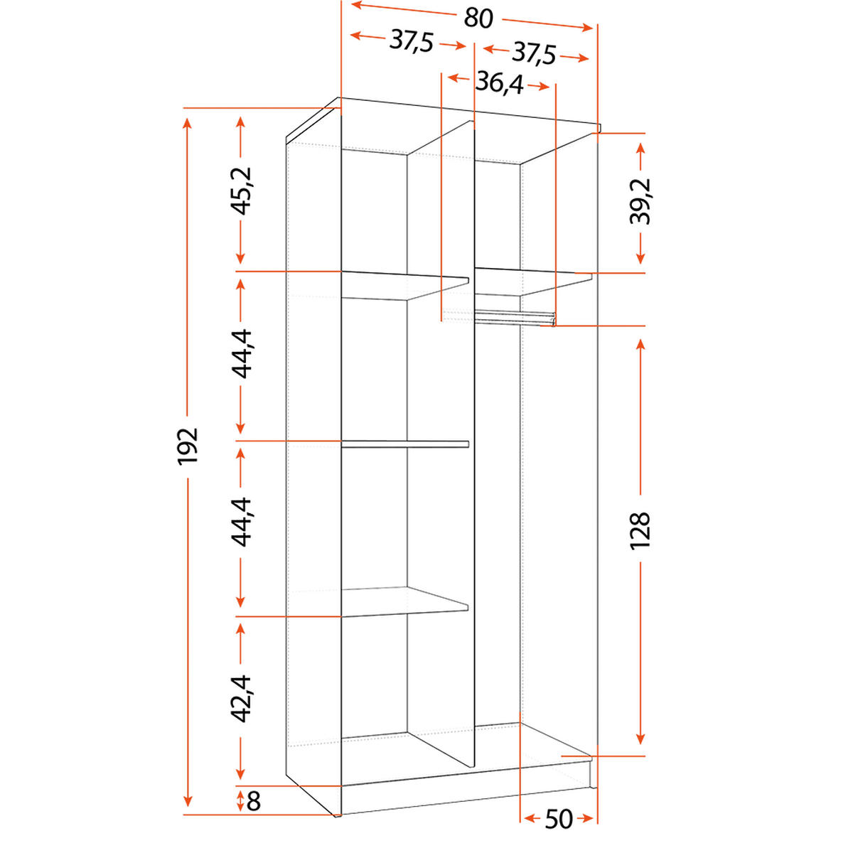 DREHTÜRENSCHRANK 80/192/50 cm 2-türig Jonas I 06 Weiß/Weiß + rote Griffe - Rot/Weiß, Holz/Holzwerkstoff (80/193/50cm) - imoebel24