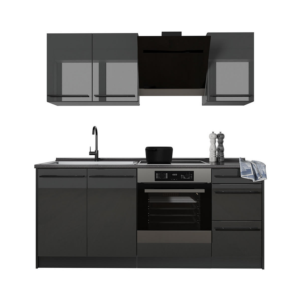 SINGLEKÜCHE R-Line, Anthrazit Hochglanz/Anthrazit, 180 cm ohne Arbeitsplatte - Schwarz Hochglanz/Anthrazit, Holzwerkstoff (180/206.8/46cm) - Vicco