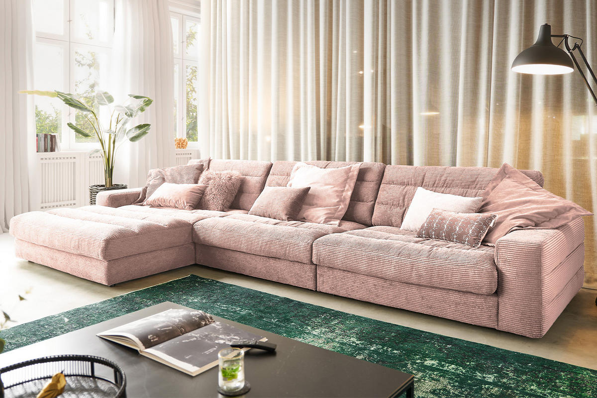 ECKSOFA XL LANA Pink Cord - Pink/Schwarz, Textil (416/205cm) - KAWOLA